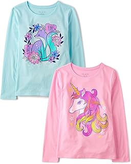 Girls' Unicorns,Sports,Butterflies Long Sleeve Graphic T-Shirts,2 Pack