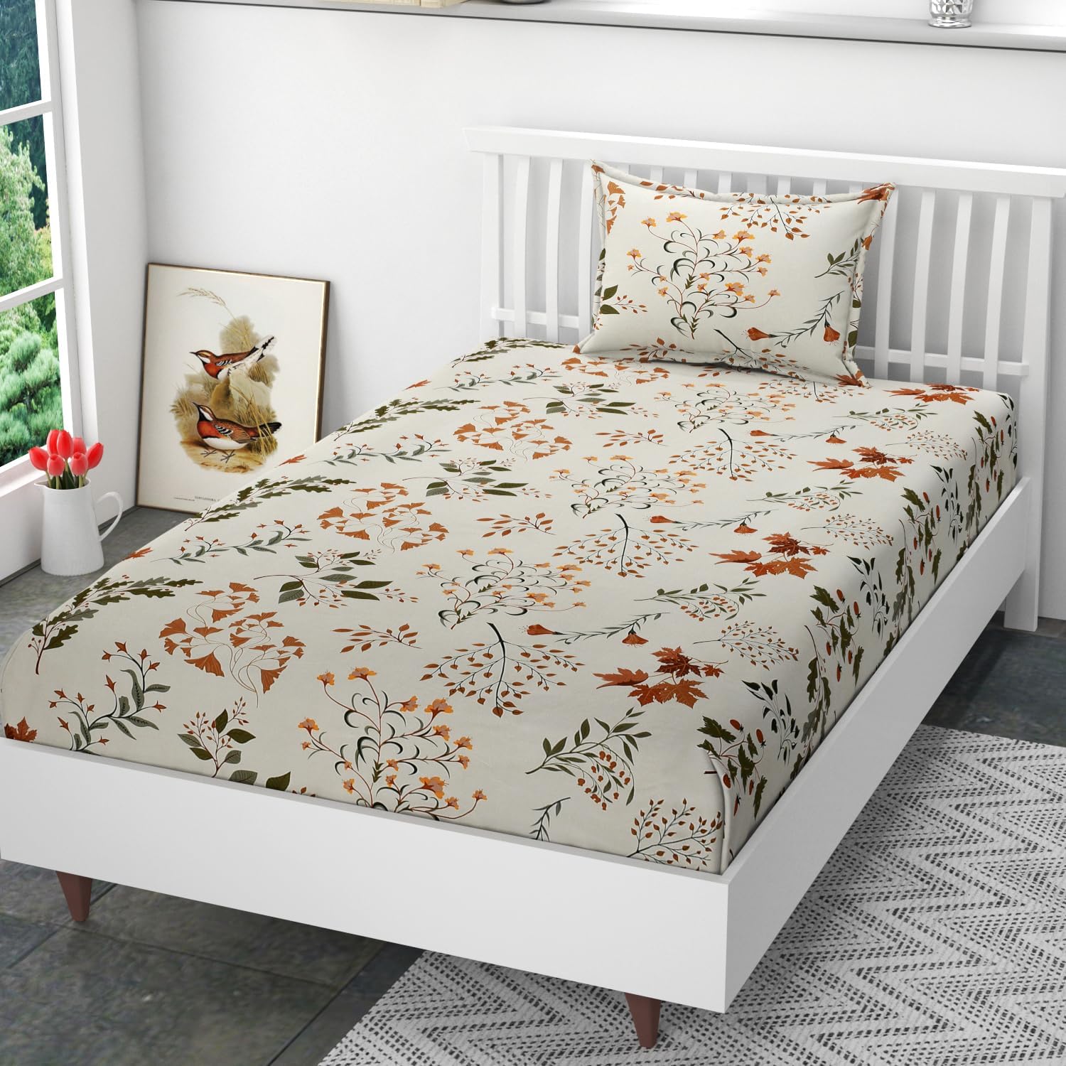 DECOMIZER Microfiber Soft Cotton Single Bed Bedsheet for Diwan Bed, Size 60 Inches X 90 Inches, 152 X 230 cm with 1 Large Size Pillow Covers Without Joint - White Maple