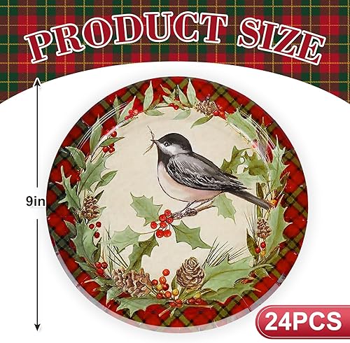 Miniatura 2 de AnyDesign - Platos de papel de Navidad a cuadros rojos y verdes, platos redondos desechables de pájaro de 9 pulgadas, vajilla de Navidad para