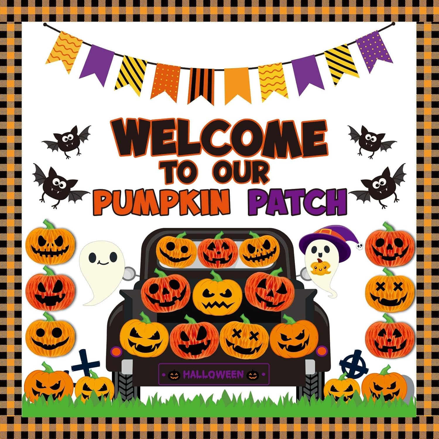 Halloween Pumpkin Honeycomb Balls Bulletin Board Set Decorations Halloween Cutouts Pumpkin Patterned Ghost Bat Paper-Cuts for Party School Nursery Classroom Birthday Party Decor