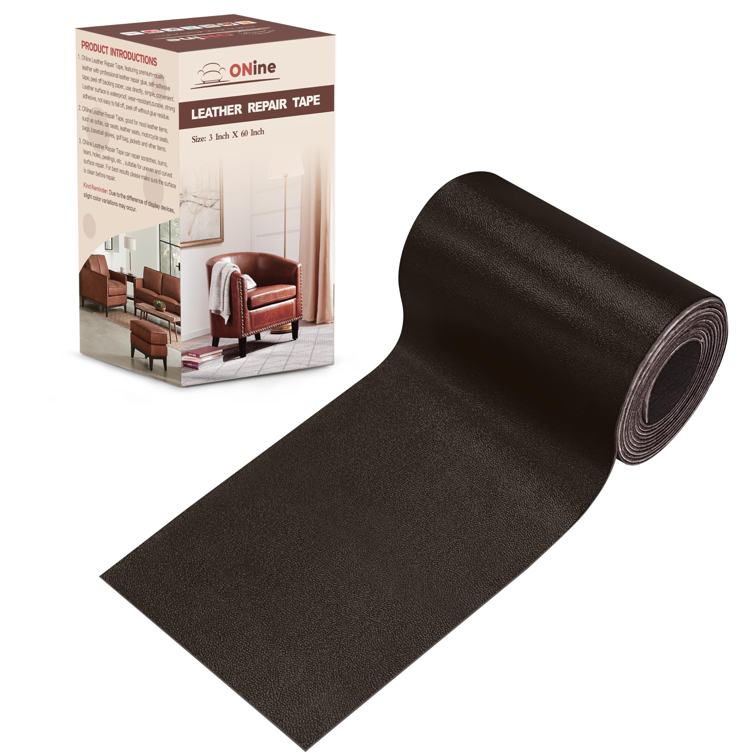 ONine Leather Repair Patch，Leather Repair Tape, 3 x 60 inches Leather Repair Patch for Furniture,Vinyl Repair Kit，Leather Couch Patch，for Sofas, Furniture, Car Seats(Dark Brown-Fine Grain)