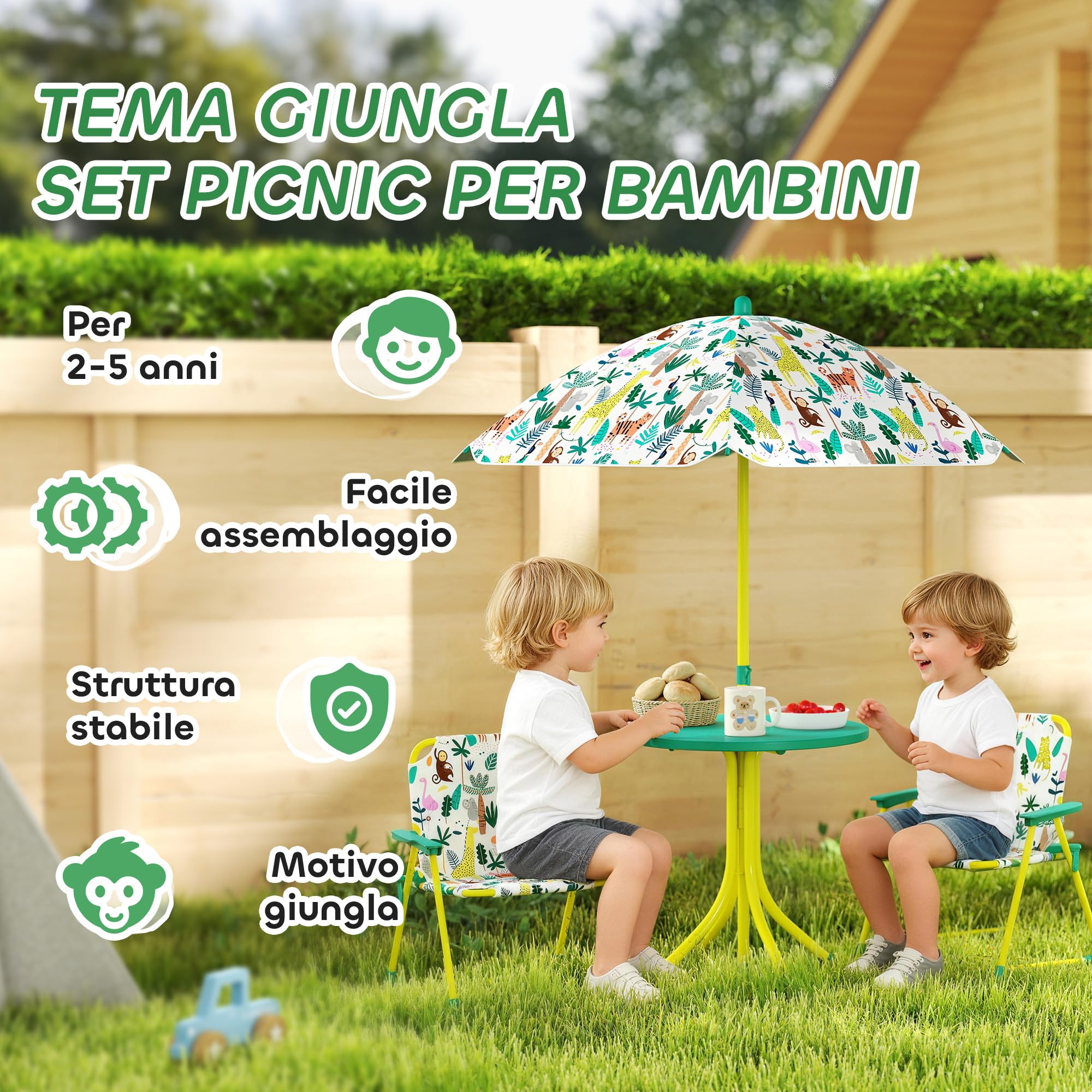 AIYAPLAY Tavolo da Picnic per Bambini, Set Tavolo e Sedie con 2 Sedie Pieghevoli e Ombrellone Removibile, Tema Giungla, Mobili da Esterno per Giardino, Patio, Verde