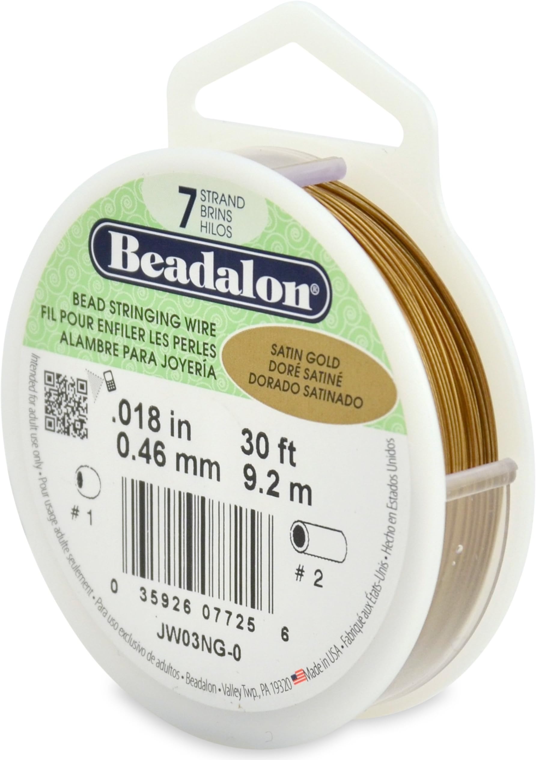 Beadalon 7 Strand Stainless Steel Bead Stringing Wire, 0.018 in / 0.46 mm, Satin Gold, 30 ft / 9.2 m