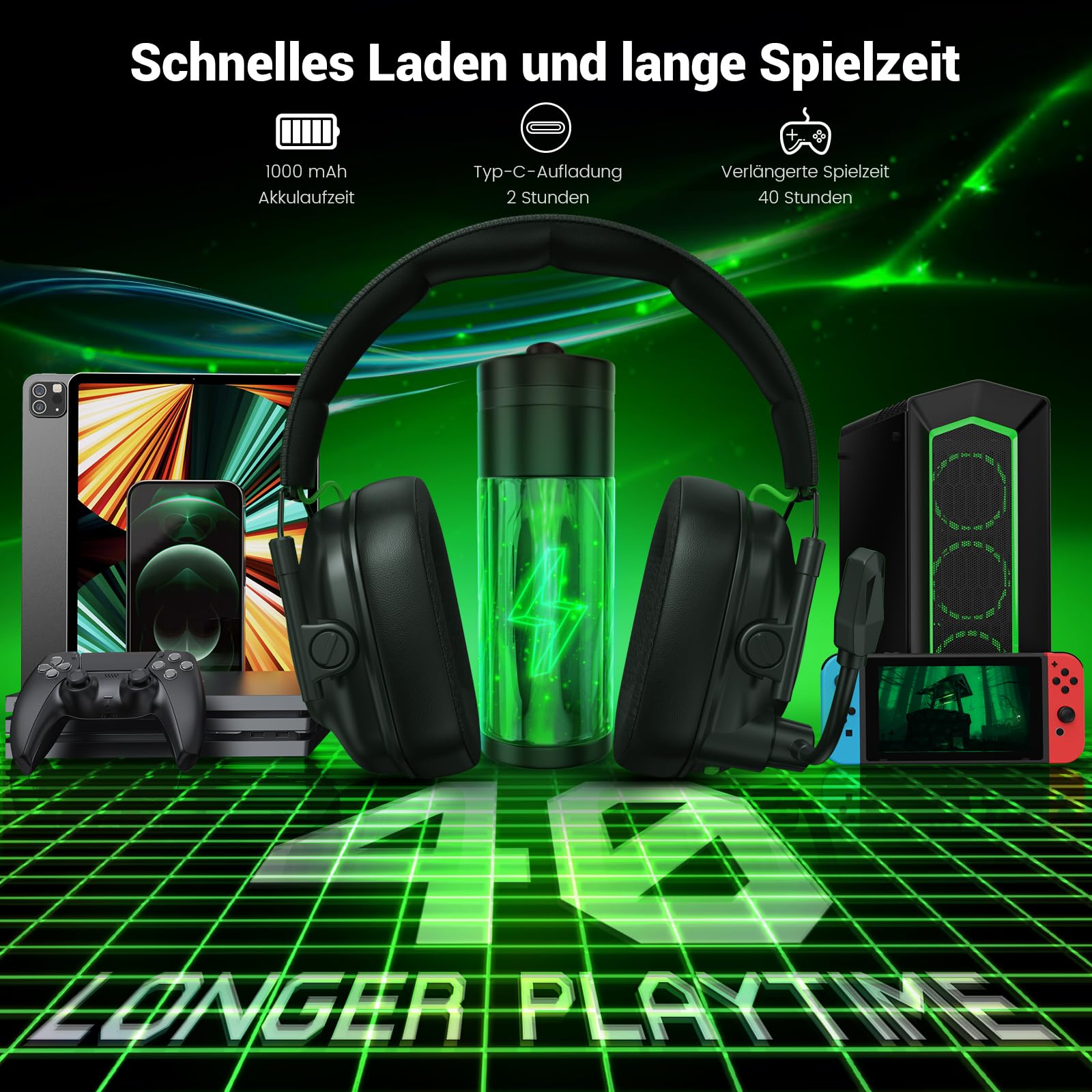 Krysenix KGH2 Gaming Headset Wireless, 2,4G Gaming Headset für PC, PS4, PS5, Mac, Switch, Bluetooth Kopfhörer Mit Mikrofon Geräuschunterdrückung, LED Licht, 40 Stunden Akkulaufzeit, Schwarz