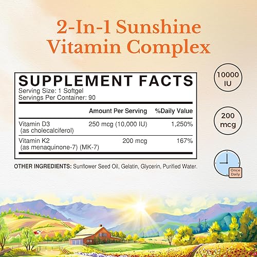Vista 2 de Vitalitown Suplemento de vitamina D3 K2, vitamina D3 10000 UI Vitamina K2 (MK7) 200 mcg, 90 cápsulas blandas, sin OMG, sin gluten y soja