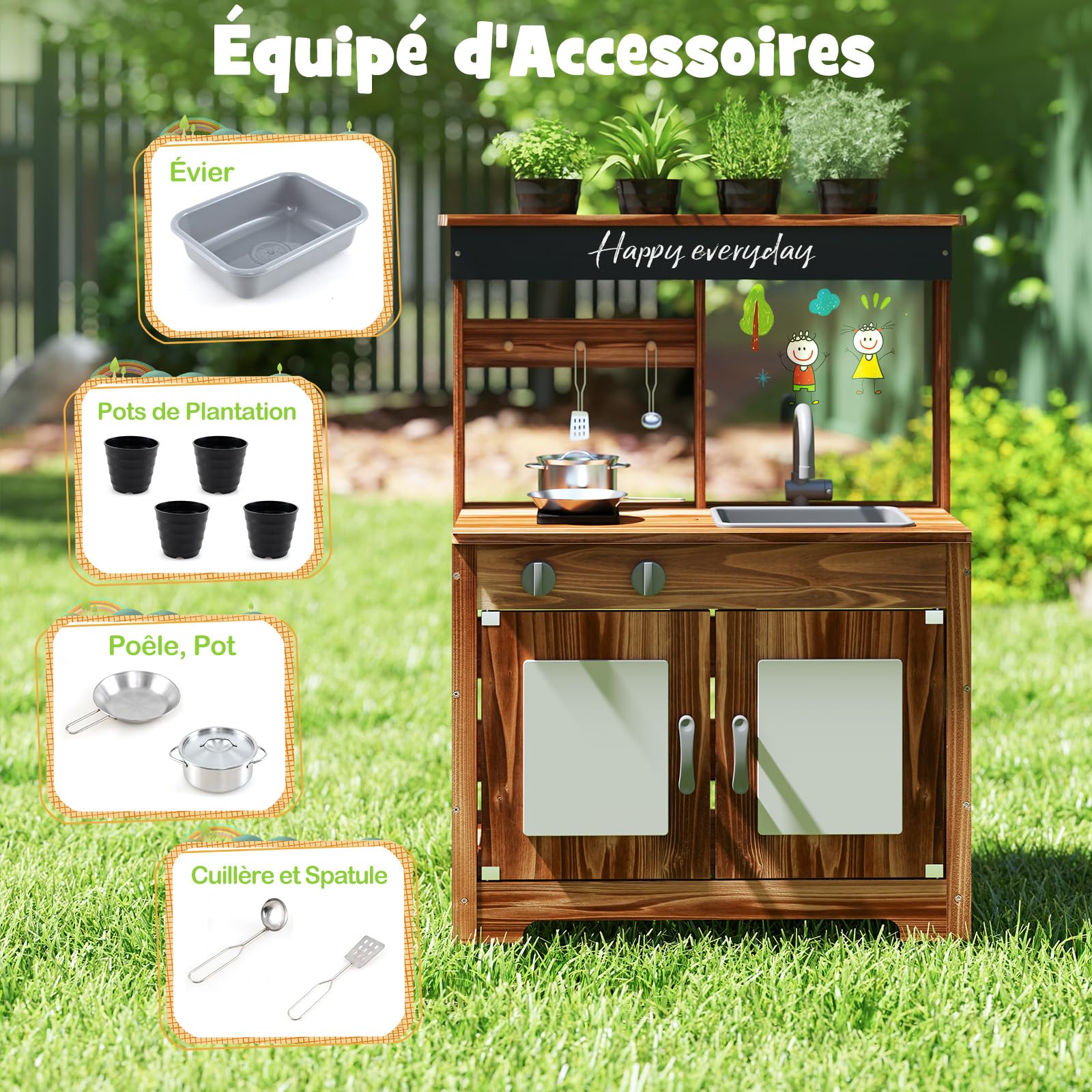 GOPLUS Cuisine Exterieur Enfant en Bois de Sapin, Jouet de Cuisine de Boue avec Tableau Noir, Panneau Acrylique, 4 Pots de Plantation, Robinet, Évier Amovible, pour 3+ Ans