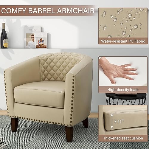 Miniatura 3 de Pia Ricco Silla decorativa de piel sintética, moderna con brazo para club, cómoda silla tapizada para sofá individual con patas de madera maciza y