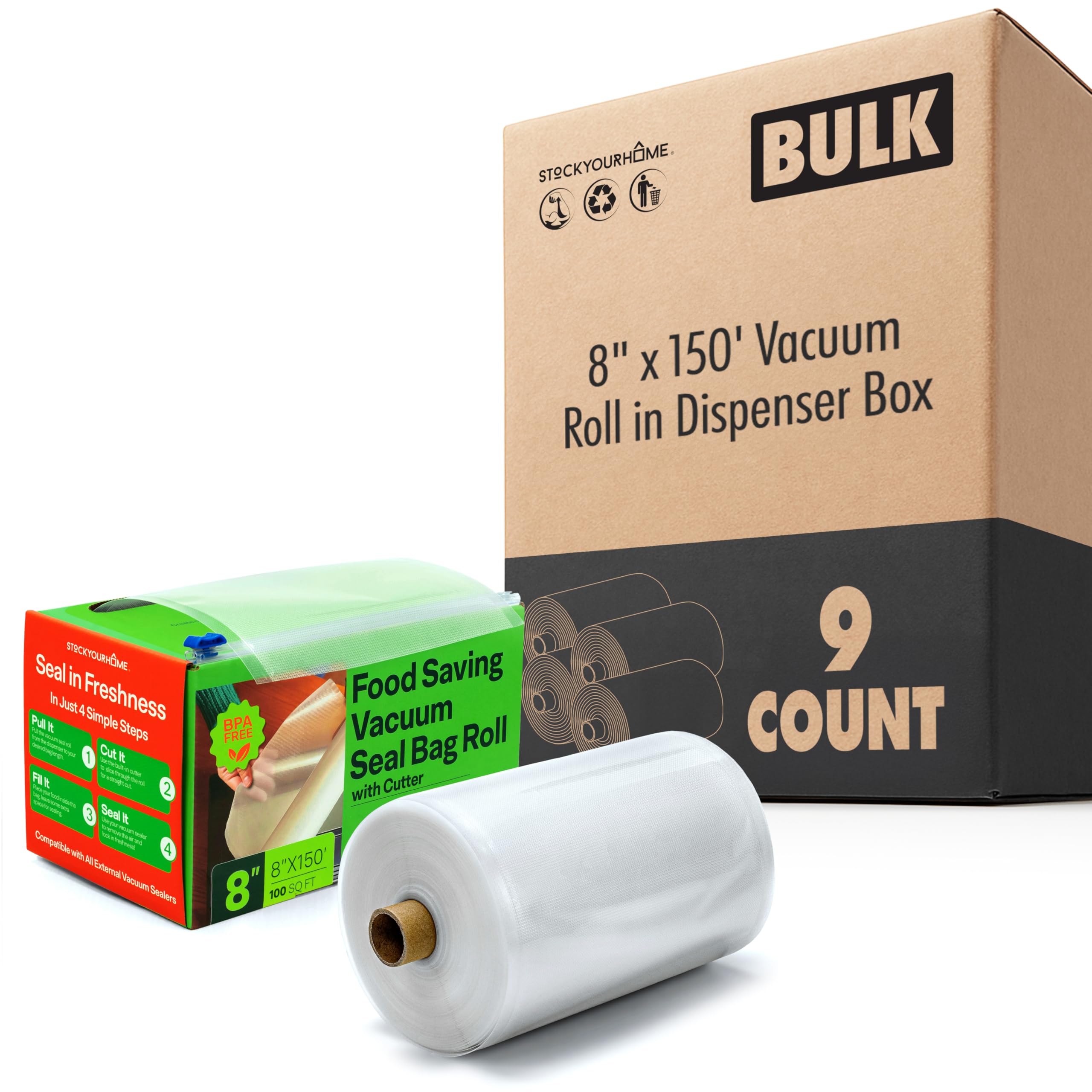 8 x 150 Foot Vacuum Seal Bag Rolls in Dispenser Box Vacuum Sealer Bags for External Strip Machines Freezer Microwave and Boil Safe 9 Pack by Stock Your Home – Model SYH-3889-Case