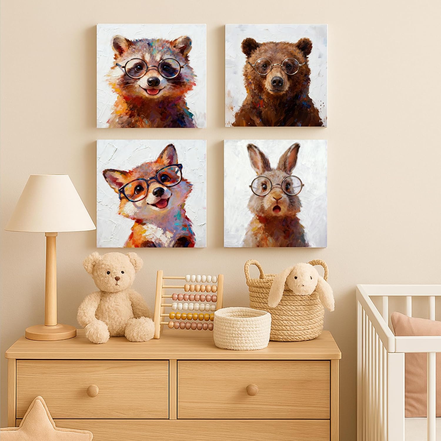 Artiluxy Set of 4 Cute Animal Wall Art – 12×12in Frameless Canvas Prints with Hidden Hooks – Fox, Raccoon, Bear & Bunny Glasses Art for Nursery, Kids Room, Bathroom or Playroom Decor