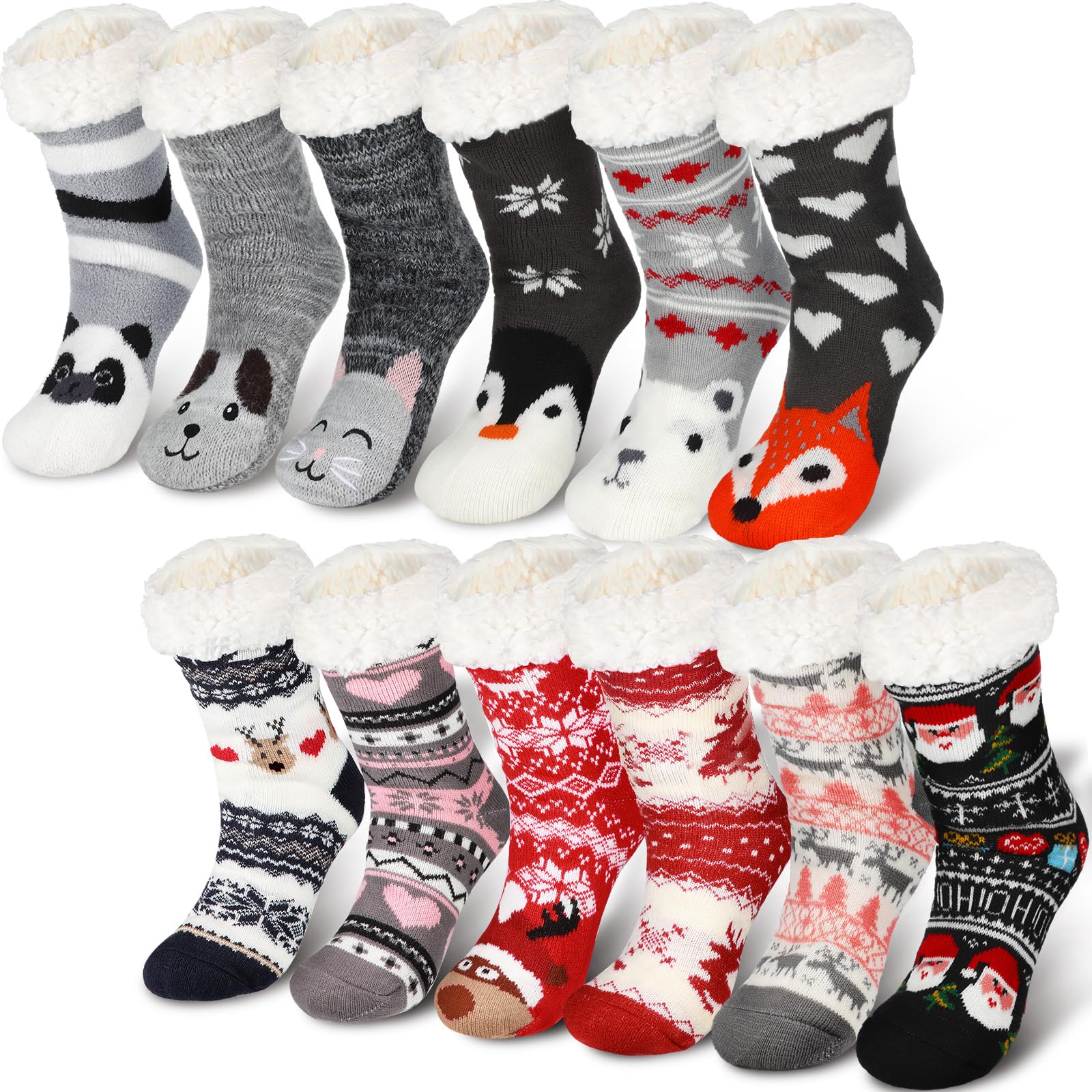 Ramede 12 Paar flauschige Weihnachtssocken, Bulk, rutschfeste Hausschuhsocken für Damen, Winter, warm, gemütlich, mit Fleece gefüttert, dicke Socken für Weihnachtsgeschenke, Urlaubsbedarf, Leuchtende