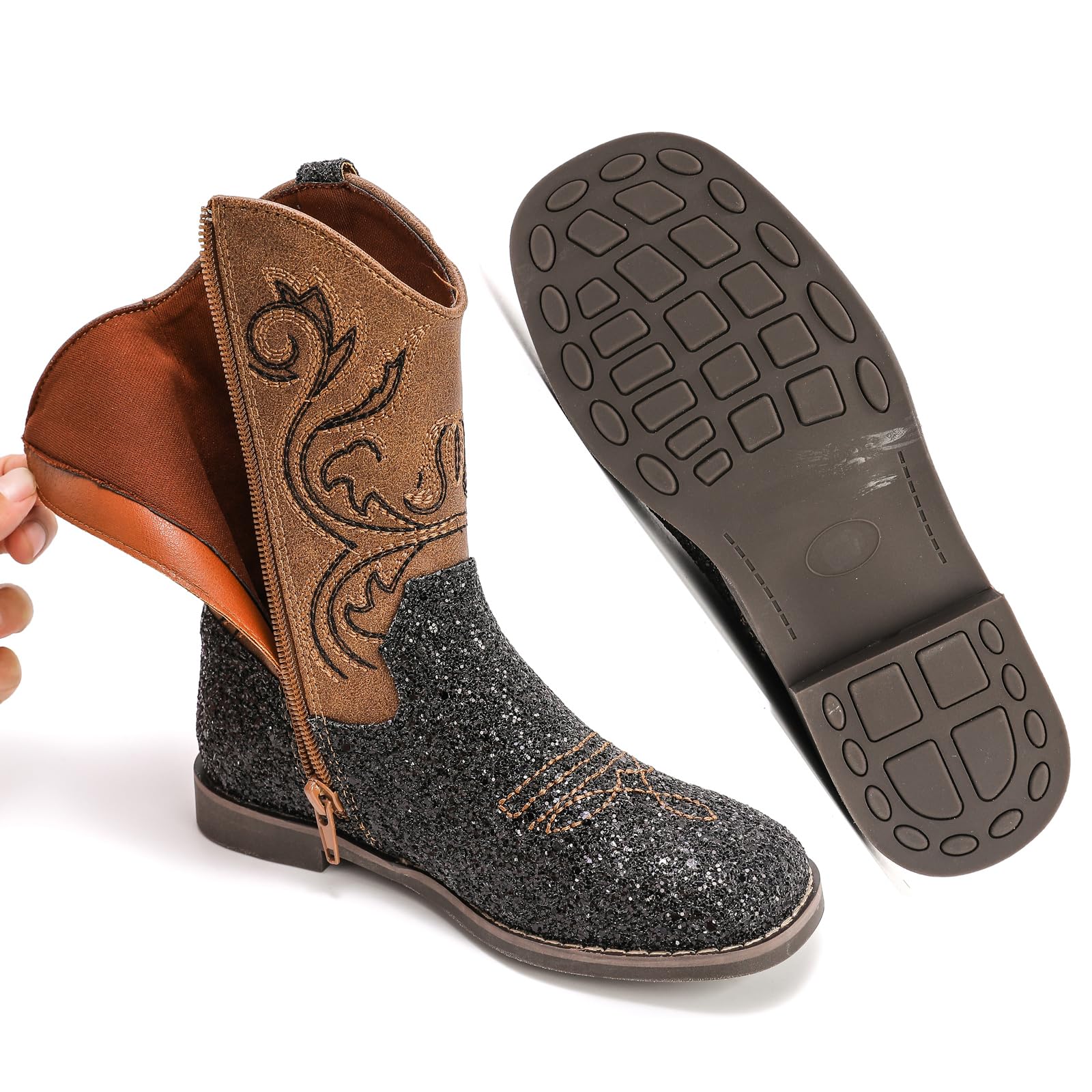 DADAWEN Garcon Bottes de Cowboy Marron Enfant Filles Occidentales Classiques Daim Vintage Broderie Bottes de Mi-Mollet