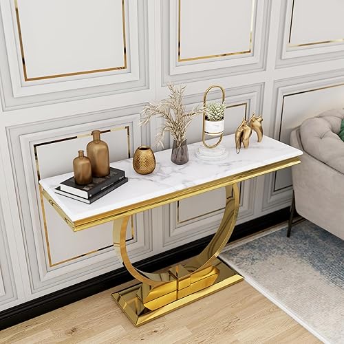 Miniatura 5 de Mesa consola Asday dorada, mesa de entrada de 50 pulgadas en blanco y oro glam con base en forma de U, mesa de entrada dorada pulida con parte