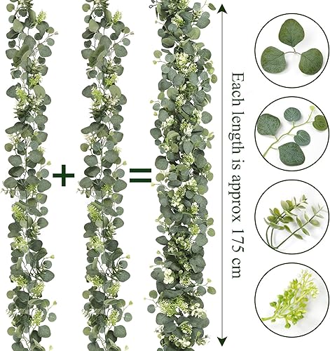 Vista 3 de SOMYTING Guirnalda de eucalipto artificial, 4 paquetes de enredaderas de eucalipto sintético, vides falsas para decoración de habitaciones, hojas