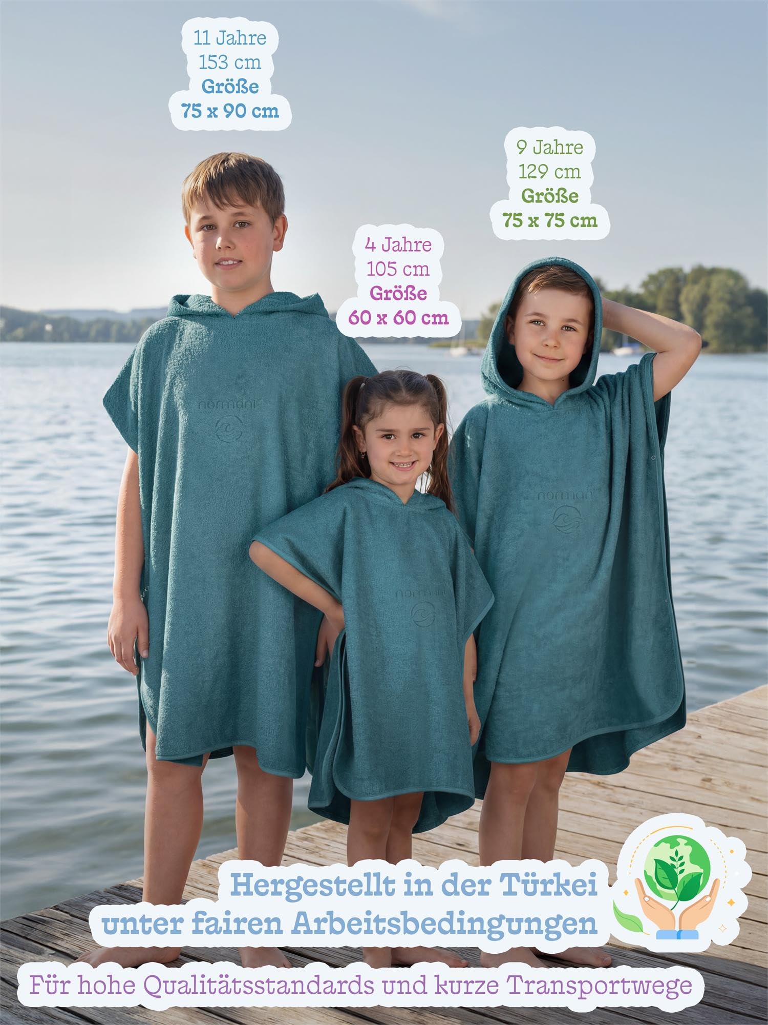 normani Kinder-Badeponcho Strandponcho - Handtuch-Poncho aus 100% natürlicher Bio-Baumwolle Handtuch Cape Badetuch mit Kapuze für Jungen und Mädchen 2-13 Jahre