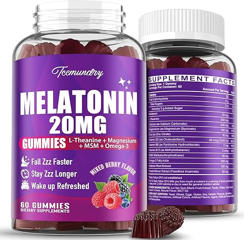 Gomitas de melatonina de 20 mg para adultos, gomitas de melatonina de máxima fuerza con L-teanina, omega-3, D3 y zinc, sin hábito, veganas, sin OMG,