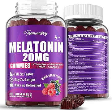 Melatonin Gummies 20mg for Adults - Maximum Strength Melatonin Gummies with L-Theanine, Omega-3, D3 & Zinc - Non-Habit Forming, Vegan, Non GMO, Natural Mixed Berry Flavor