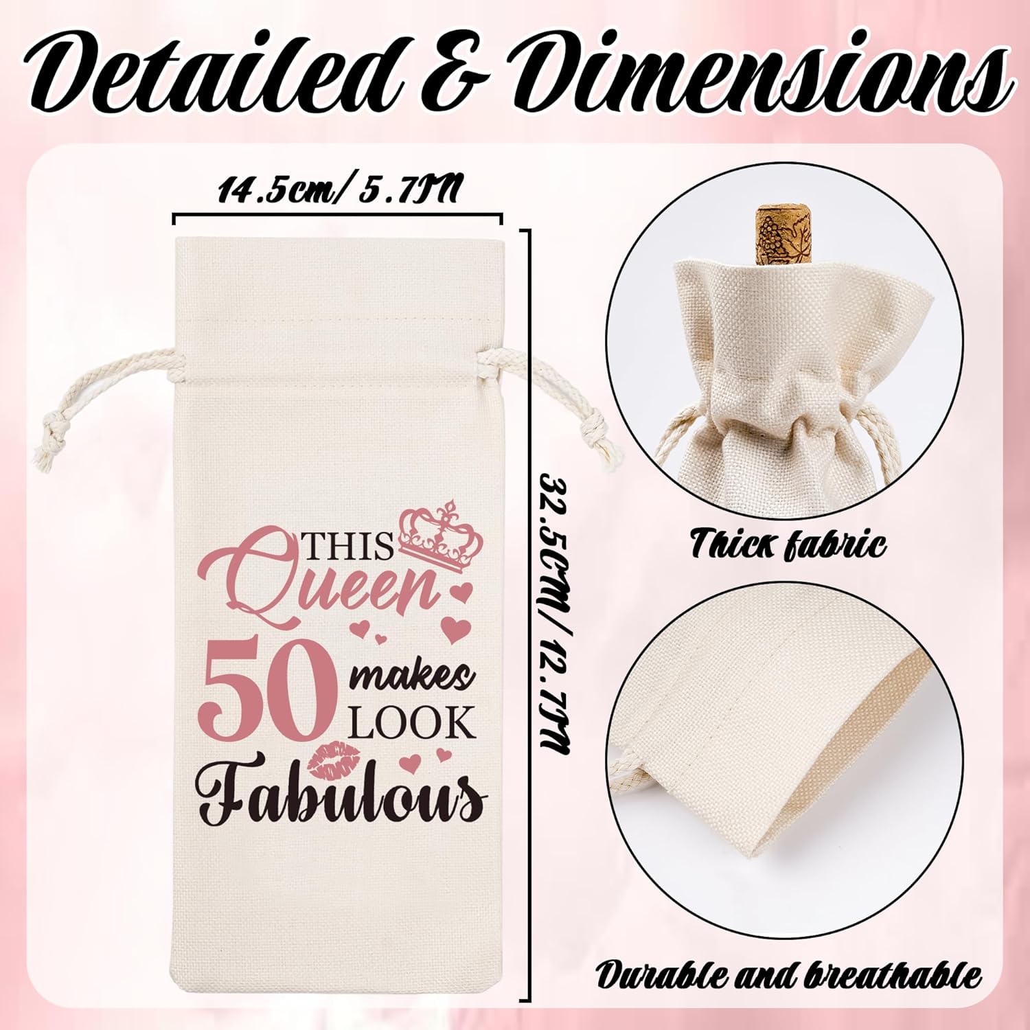 Happy Birthday Gifts Wine Bag - Elegant 50th Birthday Gift Red Wine Bag, Drawstring Burlap Wine Bottle Bag with Inspirational Quote for Women, Sisters, Mom, Lovers, Wife - Image 2