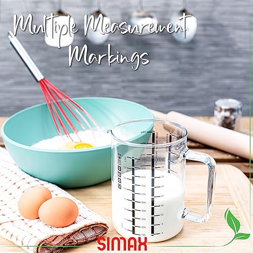 Miniatura 10 de Simax Vaso medidor de vidrio, vidrio de borosilicato duradero, medidas métricas fáciles de leer en litros, mililitro, onzas, gramos de azúcar,