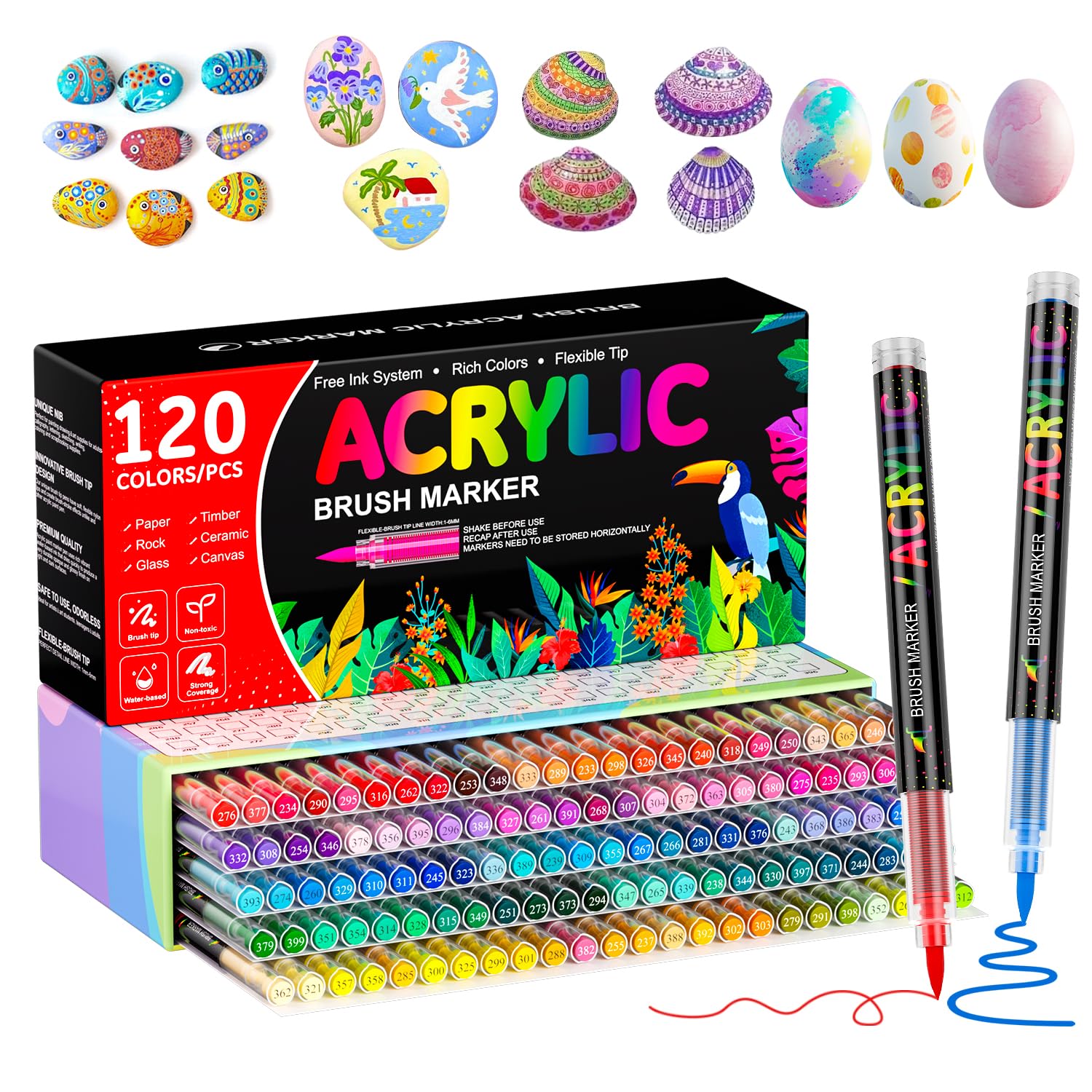 120 Colori/Pcs Pennarelli Acrilici, Pennarelli Acrilici Brush Pen, Pennarelli a Base d'Acqua con Punta a Pennello da 1-5 mm per Pittura su Roccia, Vetro, Ceramica, Carta, Legno e DIY
