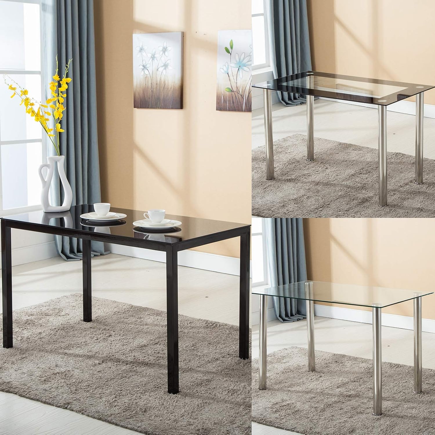 Mecor Dining Table Modern Minimallist Glass Kitchen Table Rectangular Transparent Metal Legs 47IN for 4/6 Persons,Clear