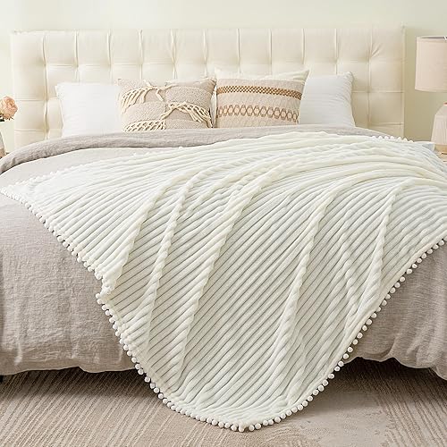 Miniatura 7 de BEDELITE Manta de forro polar a rayas con borlas blanca 50x60