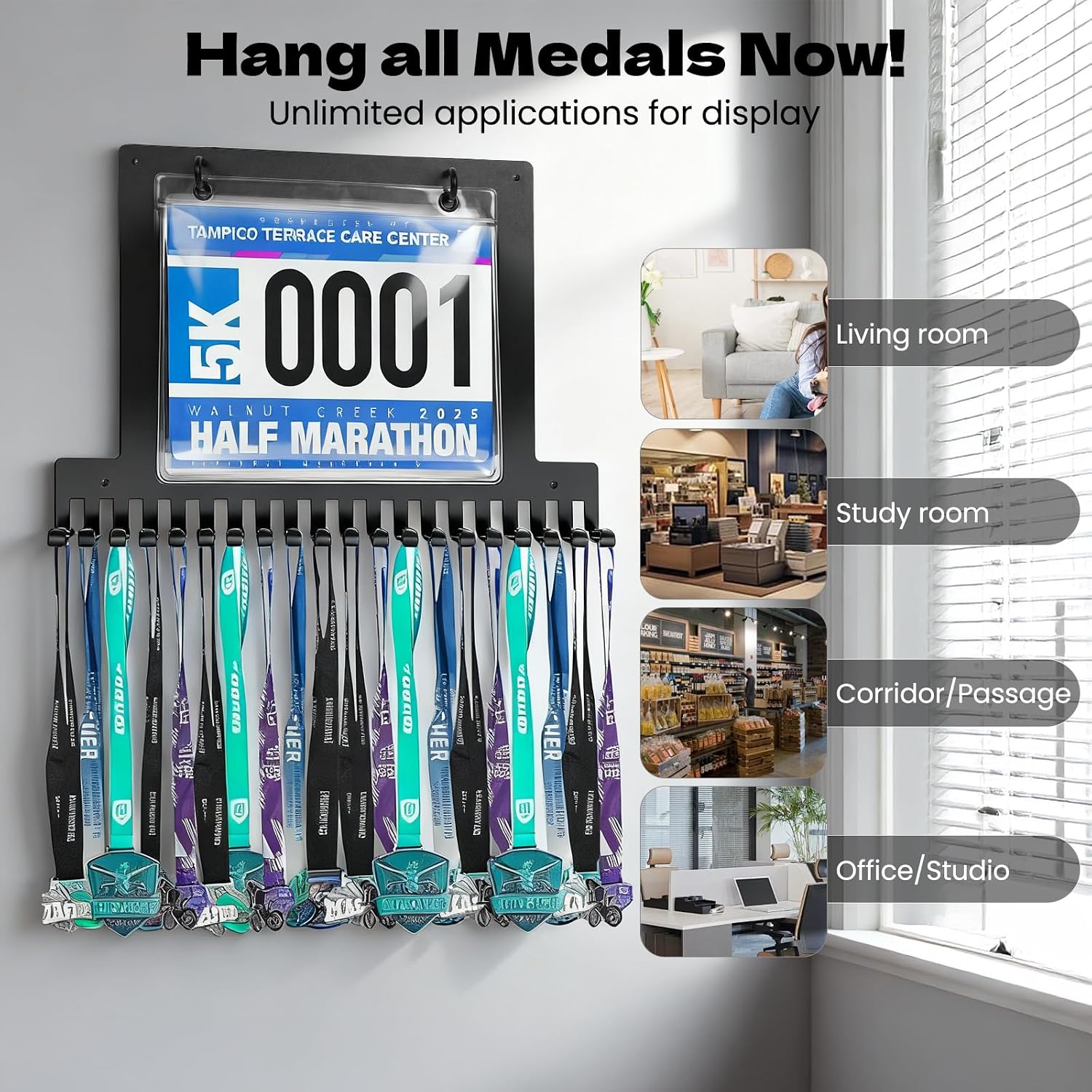 Race bib and Medal Display， Holds up to 50 Medals, 40 Race Bibs，Medal Hanger and Bib Marathon Medal Display Stand Provides Luxurious Gifts for Runners and Athletes