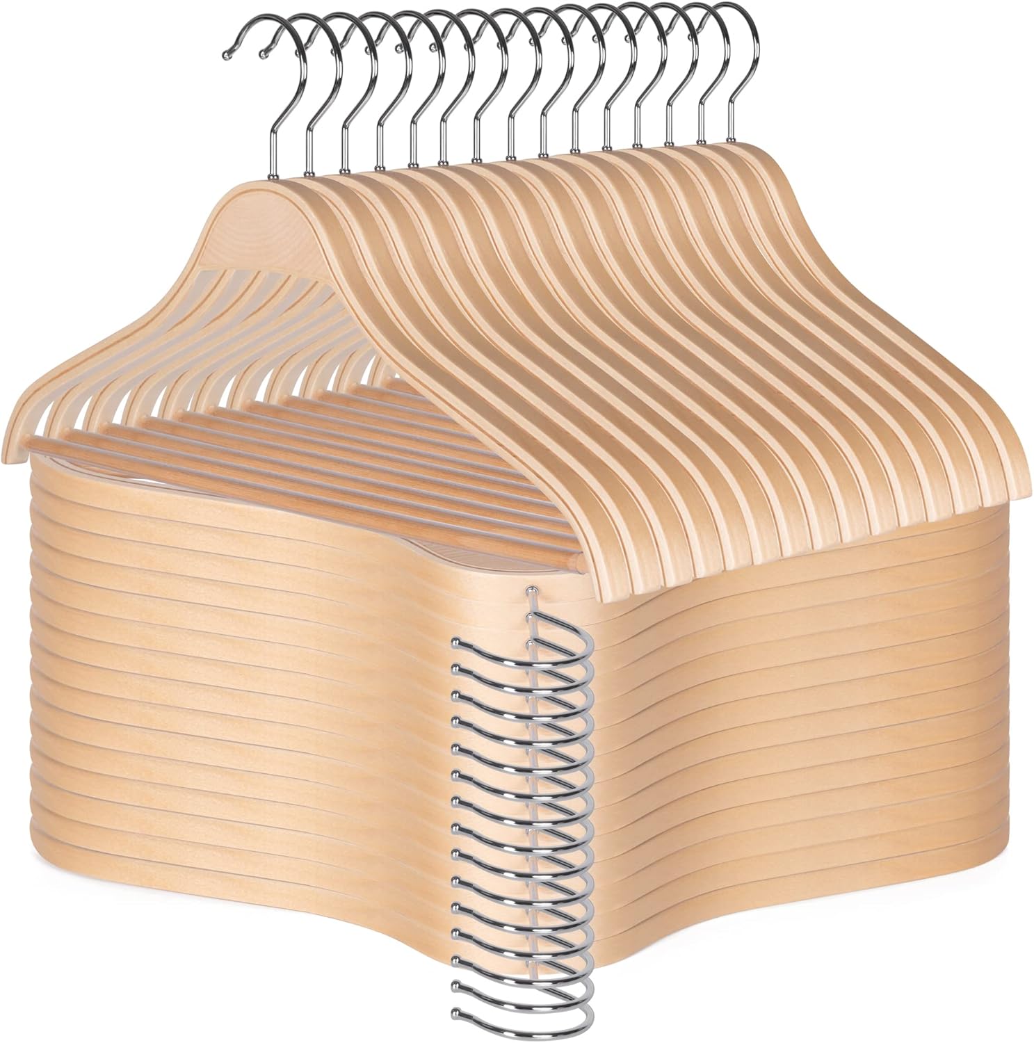 JS HANGER Wooden Coat Hangers, 30 Pack Light Weight Wood Coat/Suit Hangers with Non-Slip Pant Bar, Natural Finish