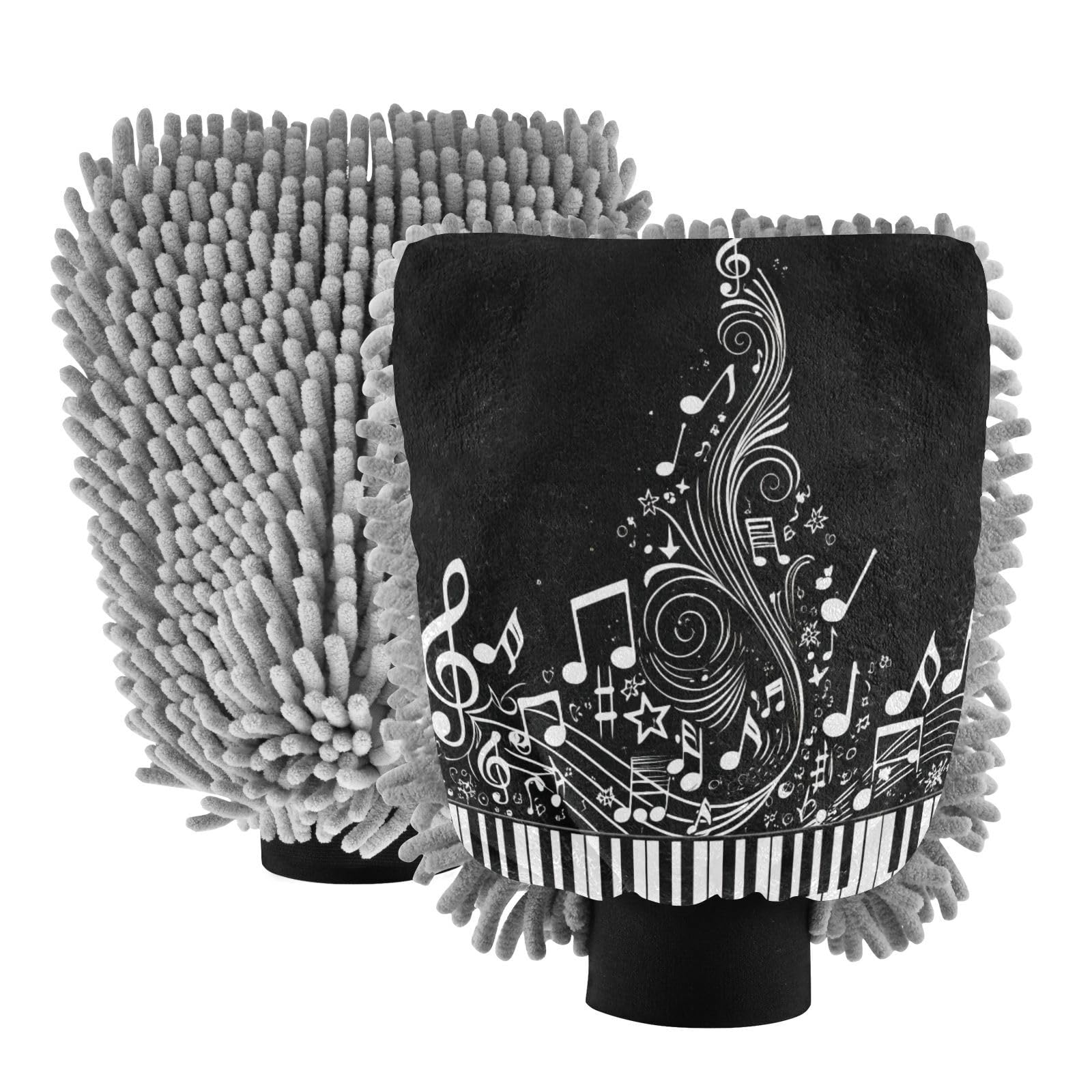 Kigai Black and White Piano Keys Car Wash Mitt Microfiber, 2Pcs Scratch Free Lint-Free, Premium Chenille Microfiber Mitt Car Wash Brush-L