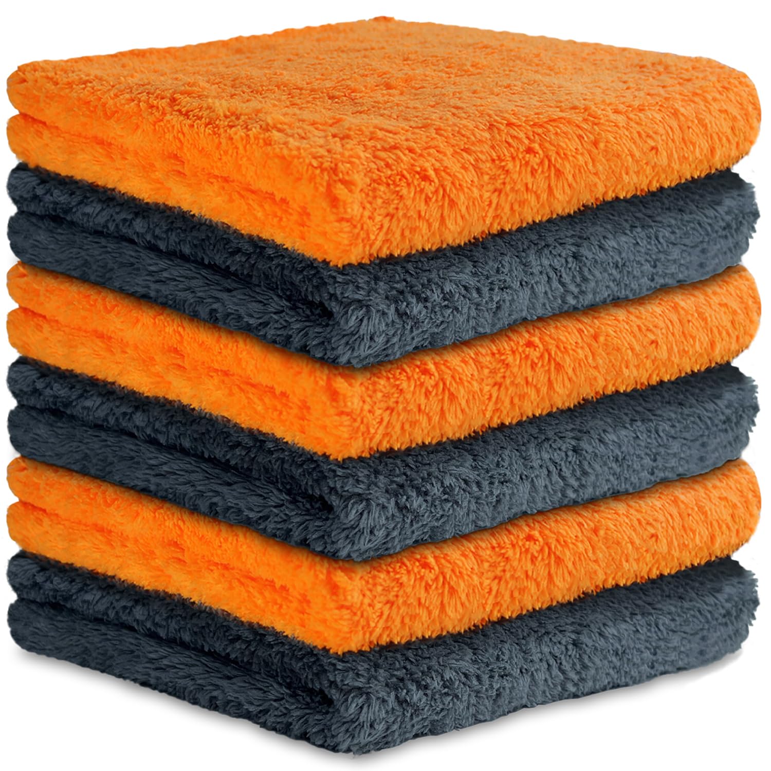 Hidmd Orange+Grey Microfibre Edgeless Car Towels Professional Microfiber Cloths For Car Auto Moto Drying Washing Detailing Buffing Polishing Plush Edgeless Cloth 16X16 Inch 6Pack Orange+Gray