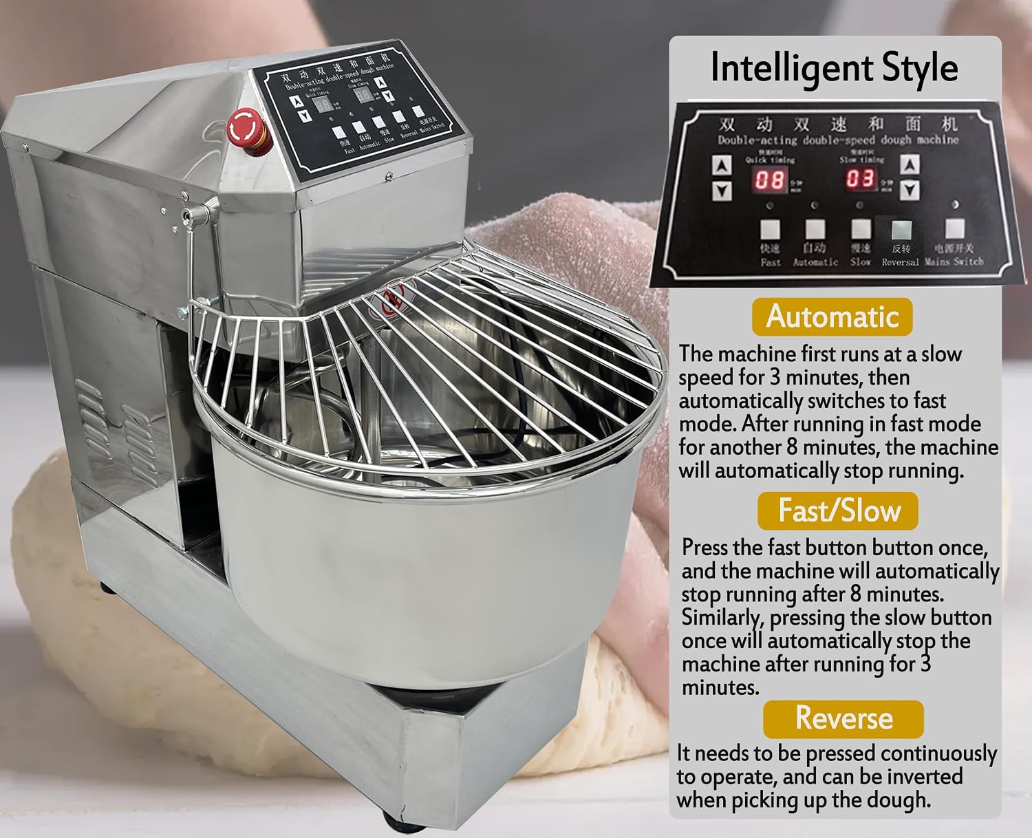 TECHTONGDA Commercial Dough Mixer Food Mixer with Time Setting, 40L Stainless Steel Stand Mixer for Bakery, Pizzerias & Kitchens, Heavy Duty Pizza & Bread Dough Mixer with Double Action, Double Speed