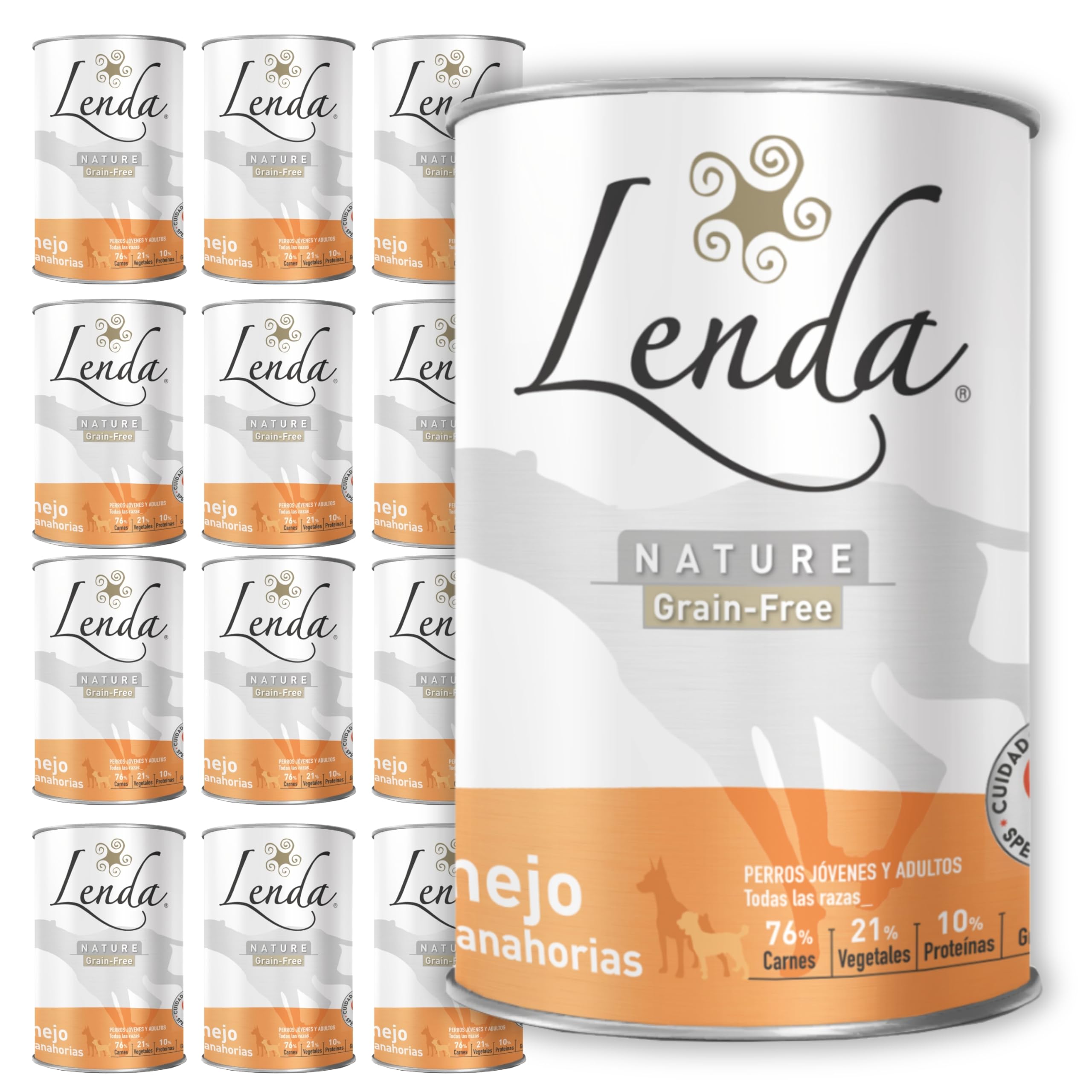 Lenda | Pack de 12 x 400gr Latas de Comida Húmeda para Perros Jóvenes y Adultos - Conejo con Zanahorias - Alimento Completo y Natural para Todas Las Razas - SIN Cereales