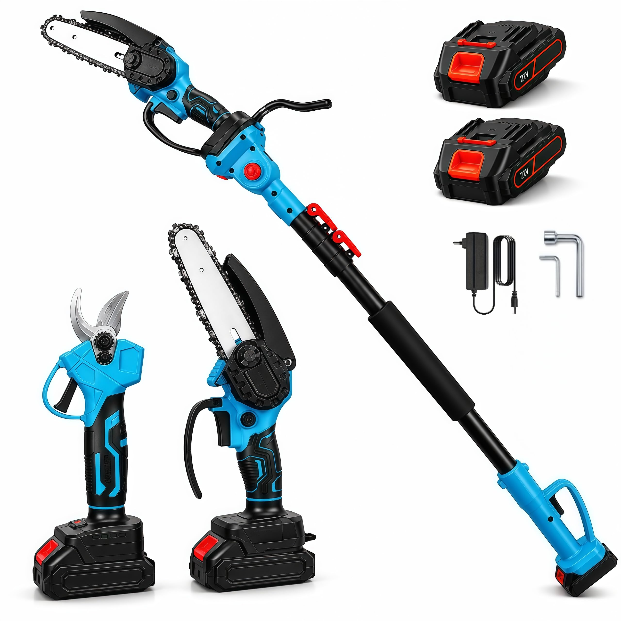 Motosierra Eléctrica-Tijeras de Podar Electricas, 4 en 1 Kit de Herramientas de Jardín,Sierra de Podar Telescópica,Longitud 1-2m y ángulo 180° Ajustables Altura de Trabajo Hasta 4.5m