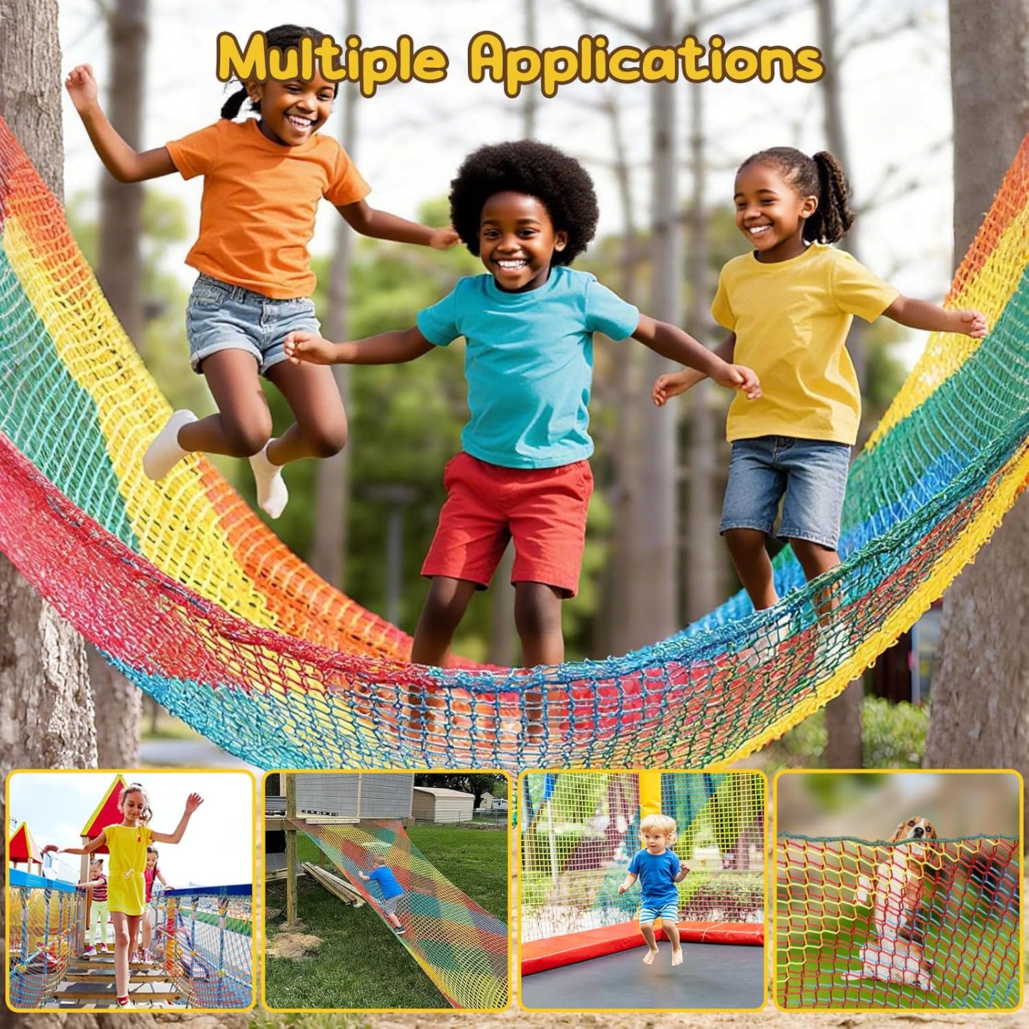 Kids Playground 9.8 x 9.8Ft Climbing Cargo Net - Kids Playground Safety Net,Polyester Double Layers Rope Bridge Net for Tree House and Outdoor Adventure（Rainbow）