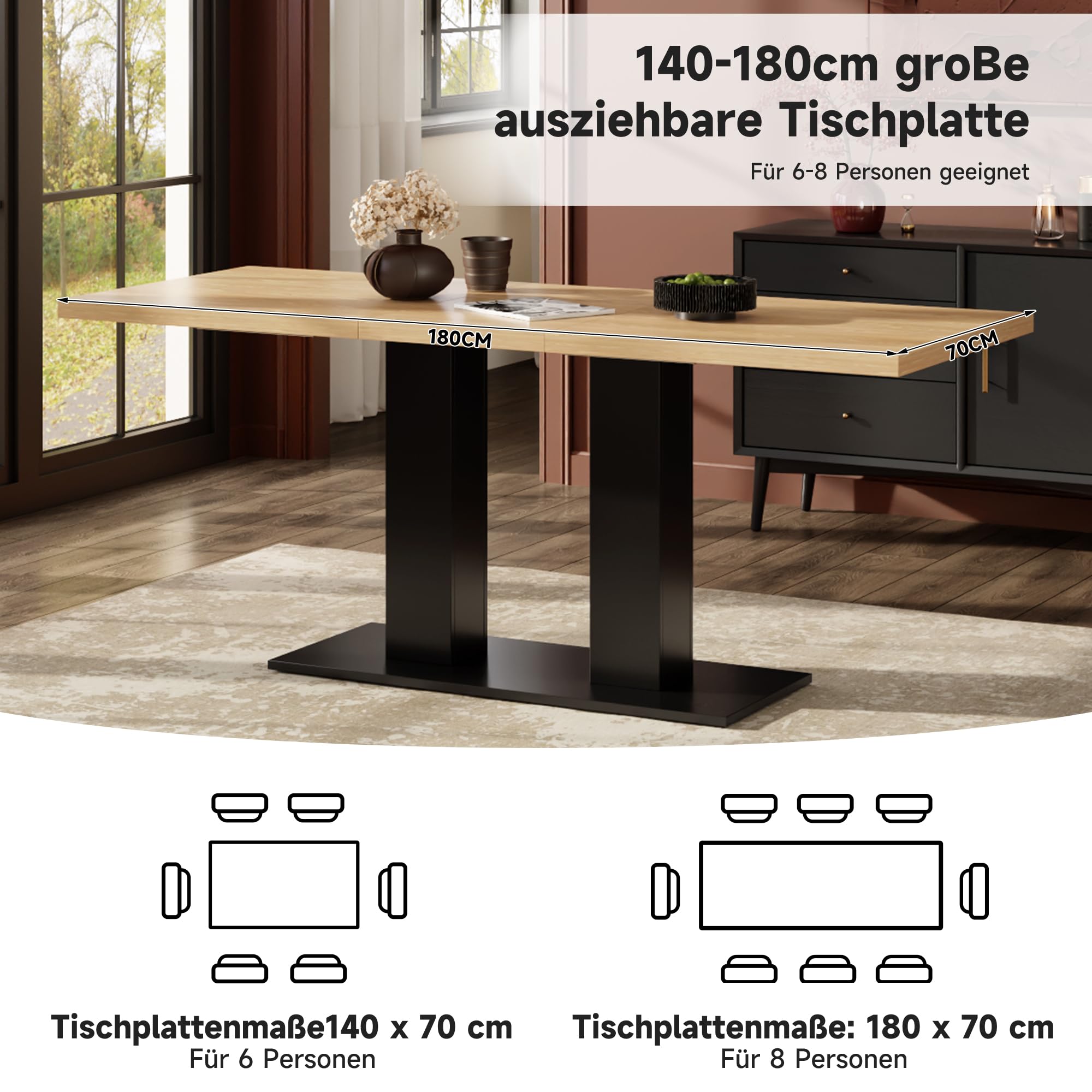 Rozsuwany stół do jadalni 140/180 cm, prostokątny stół kuchenny dla 6-8 osób, z blatem 30 mm i podwójnymi nogami kolumny, wysuwany stół w kolorze naturalnym do jadalni, kuchni, salonu