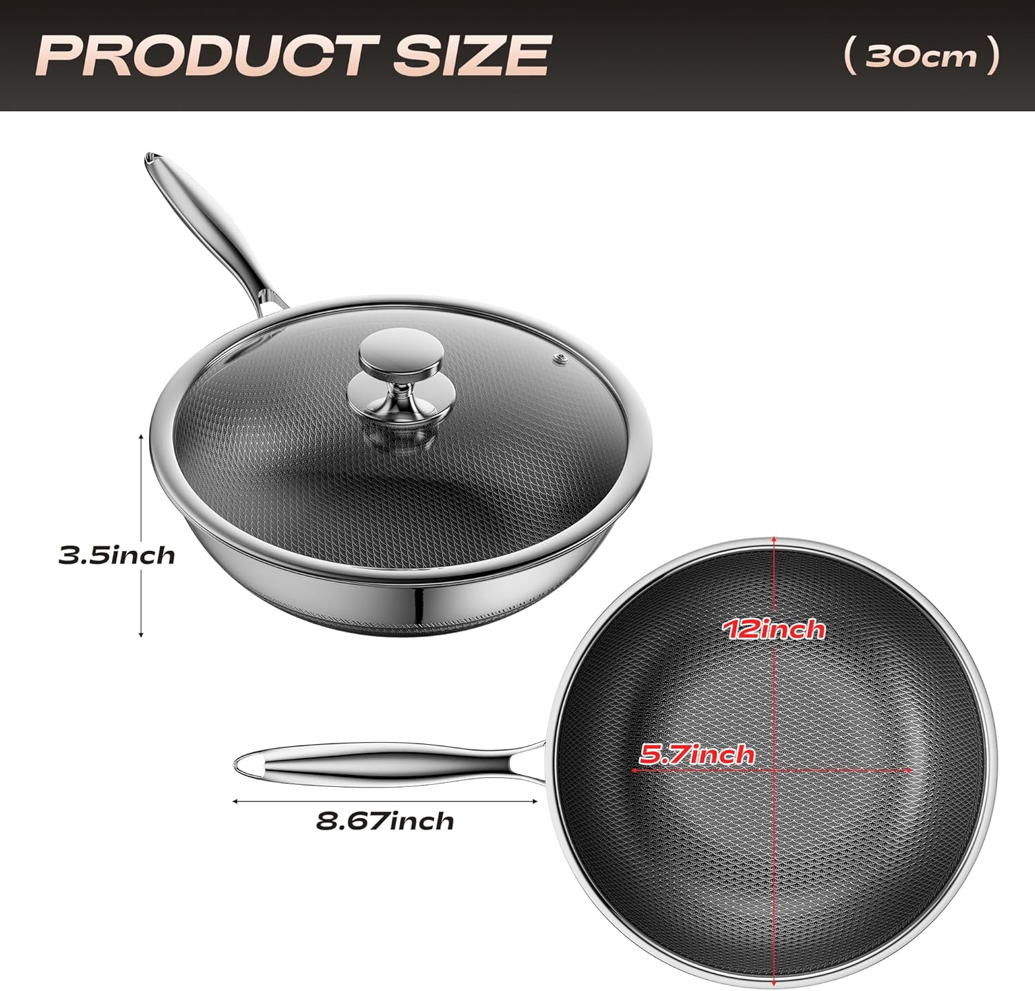 Wok,Hybrid 12-Inch Wok with Lid,Nonstick Stainless Steel Woks & Stir-fry pans,Dishwasher-Friendly,PFAS PFOA PTFE Free, Oven-Safe Up to 600°F,Compatible with All Cooktops - Image 6