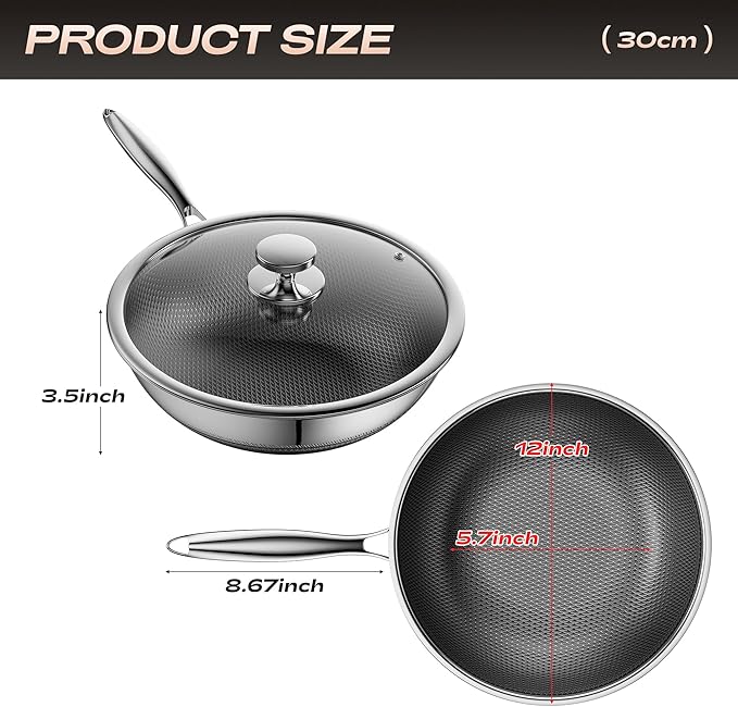 Wok Híbrido de 12 Pulgadas con Tapa Antiadherente ZEROPAN miniatura 2