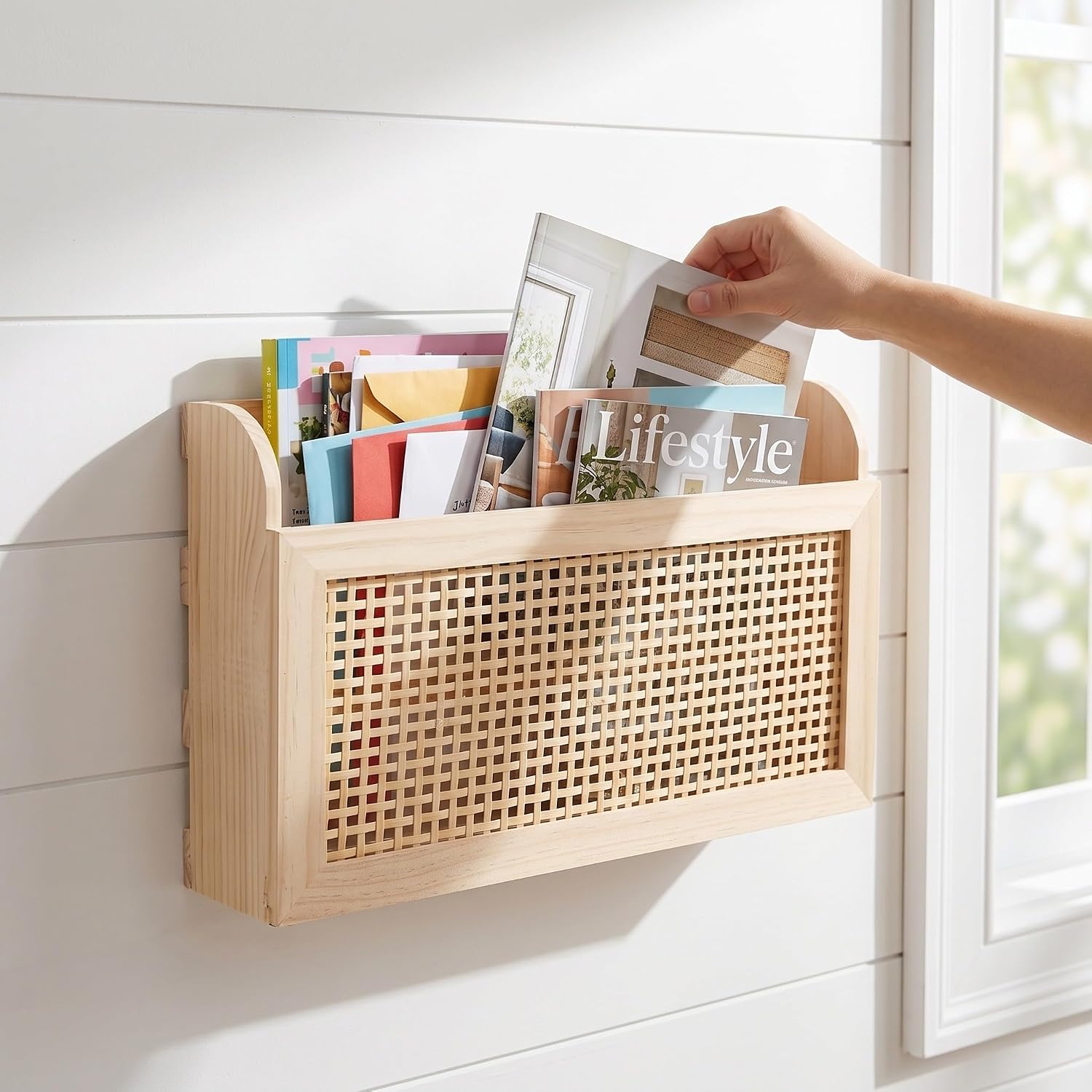 Rustic Brown Wooden Wall Mounted Magazine Rack with Natural Wood Grain, Vintage Scandinavian Style Basket Organizer for Album Covers and Vinyl Records in Study Rooms or Entryway,