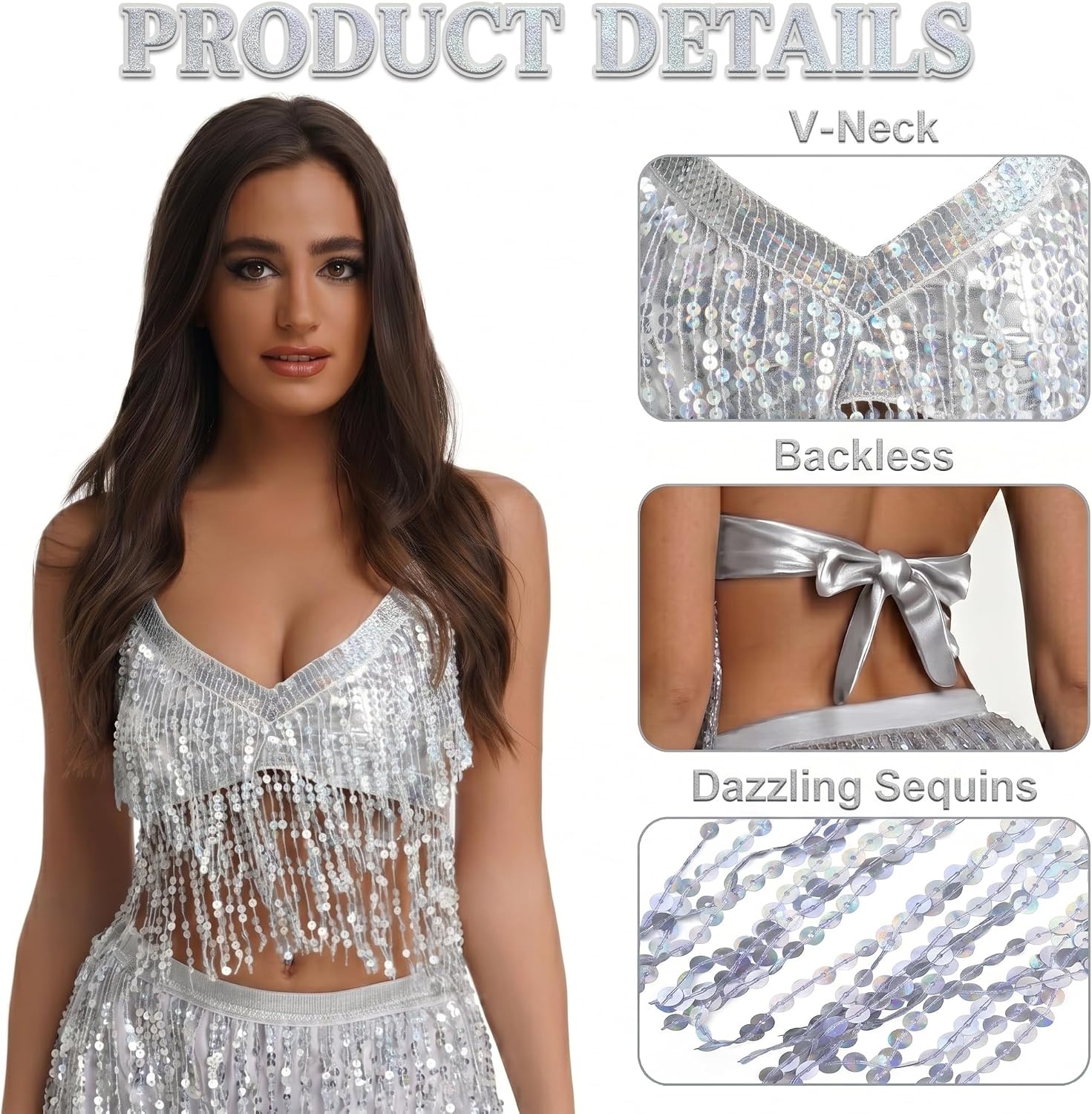 Women's Sequin Fringe Bra Top, Sparkly Belly Dance Party Club Rave Halloween Tassel Top