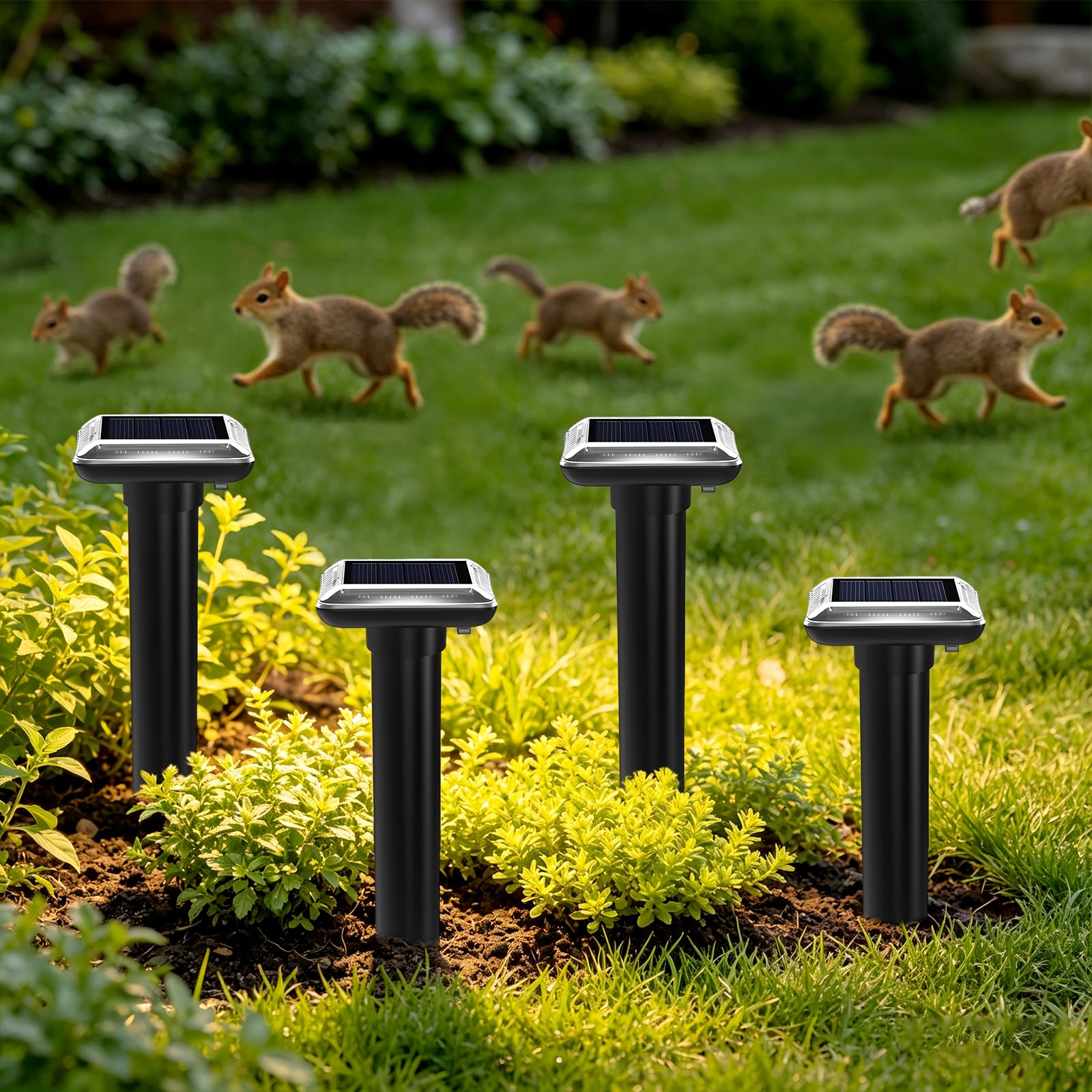 Solar Spaventapasta in marmo, set di 4 spaventapasseri IP66 per prato da giardino | Segnale di vibrazione ogni 50 secondi, si carica alla luce del giorno, montaggio spiedino per il letto di fattoria e verdura
