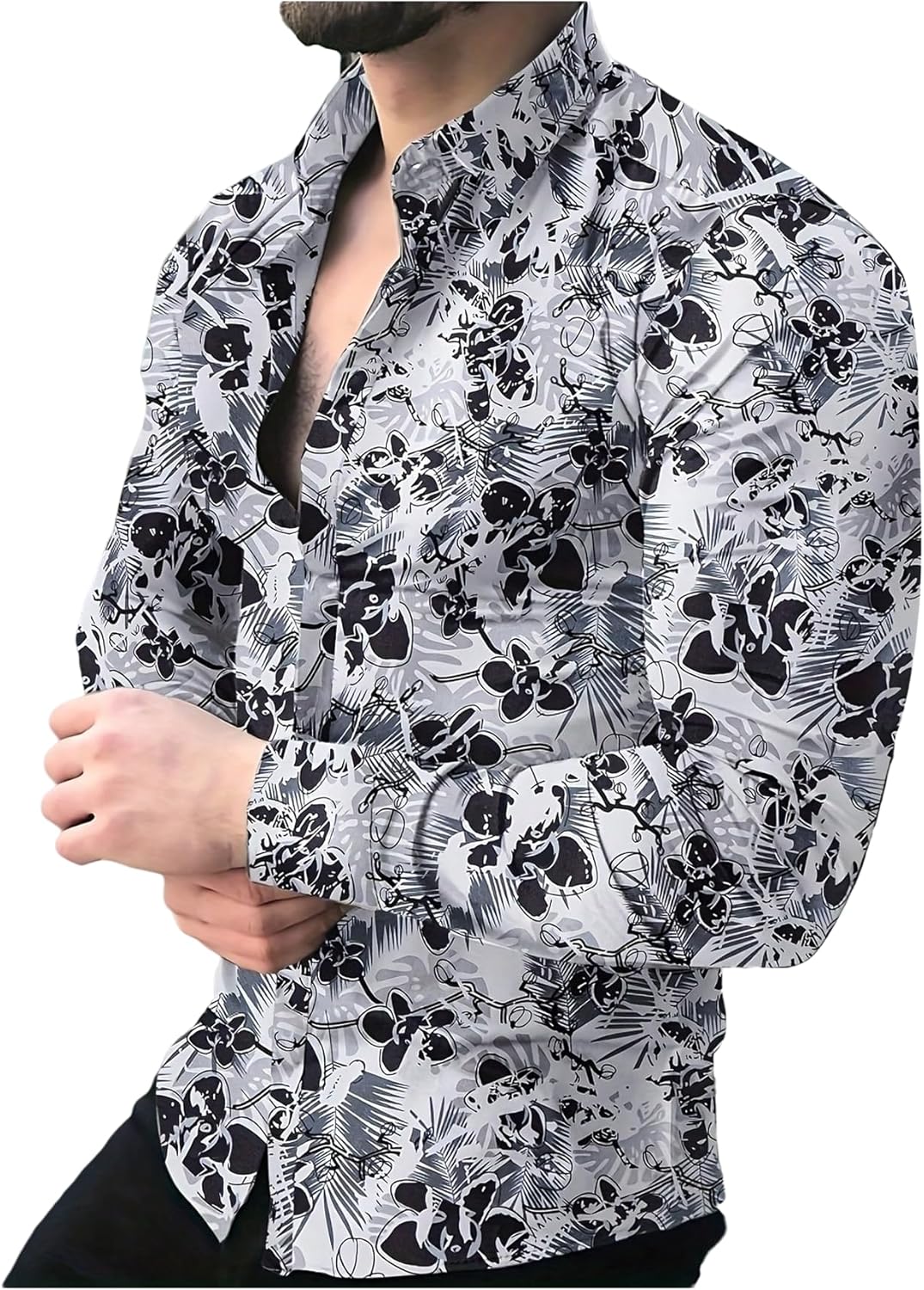 Men's Floral Dress Shirts Flower Graphic Collared Long Sleeve Button Down Shirt