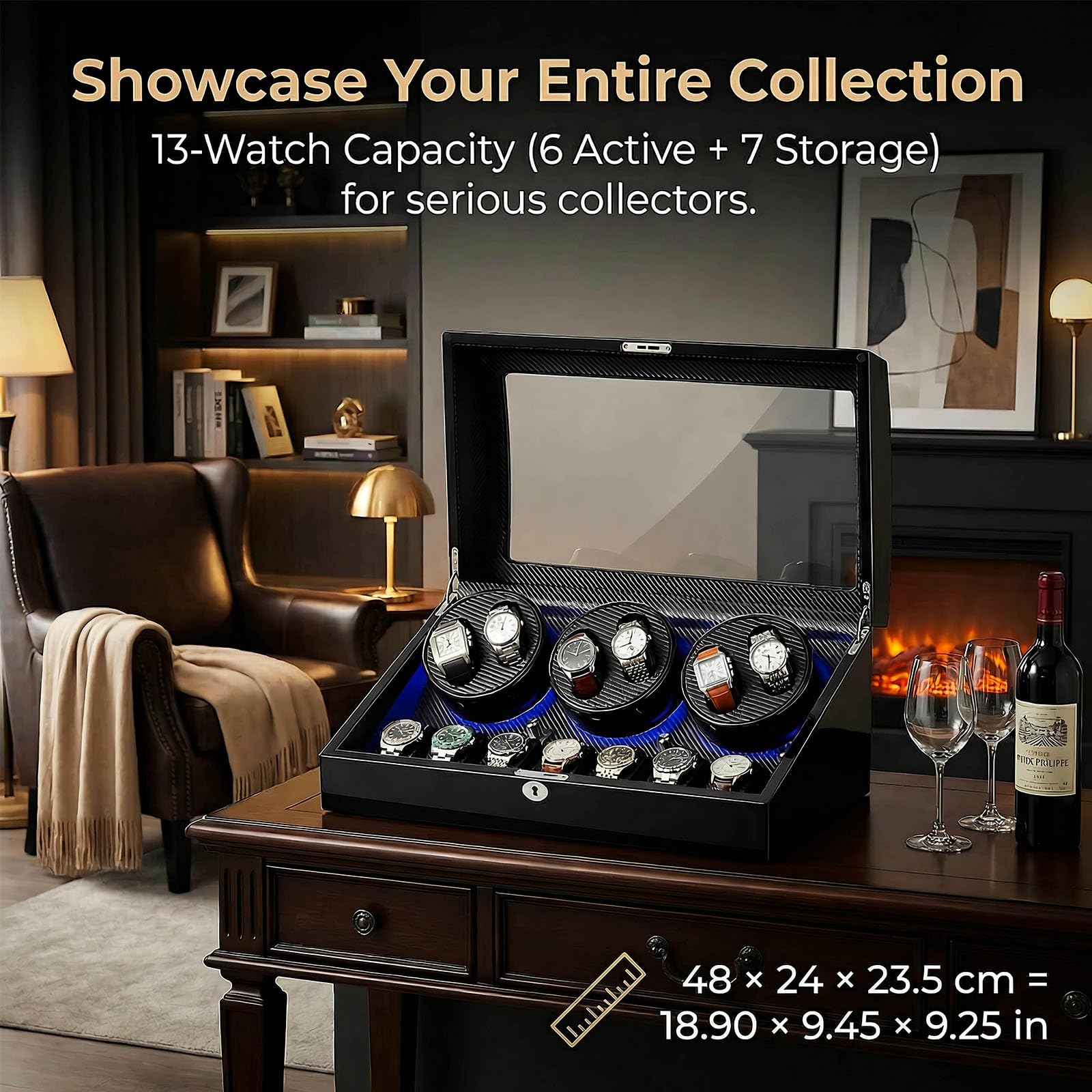 Watch Winder per 6 Orologi con 7 Scomparti, Scatola del Tempo Automatica | In Legno Nero Lucido, Carica Orologi con Motore Silenzioso e LED, Regalo di Lusso Uomo