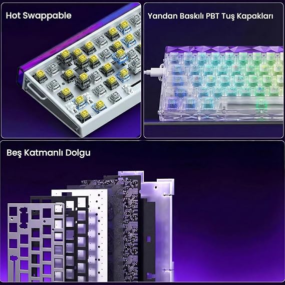 Aula Hero 68 He Manyetik Klavye Rapid Trigger Silver Switch 8000Hz RGB Neon TKL Hot Swap Oyuncu Klavyesi Şeffaf