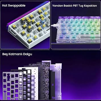Aula Hero 68 He Manyetik Klavye Rapid Trigger Silver Switch 8000Hz RGB Neon TKL Hot Swap Oyuncu Klavyesi Şeffaf