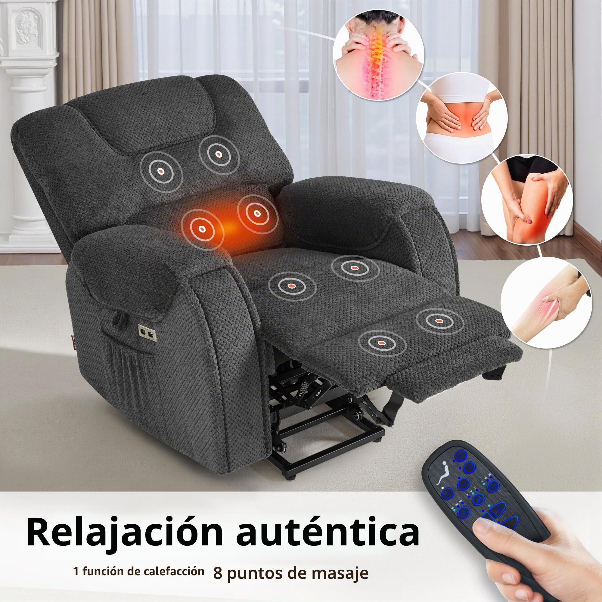 M MCombo Sillón eléctrico con Ayuda para levantarse, con Masaje y calefacción, sillón de Relax con función reclinable hasta 145° 35D, cojín de Espuma Completa, Soporte Oculto 7252 (Tela, Gris Oscuro)