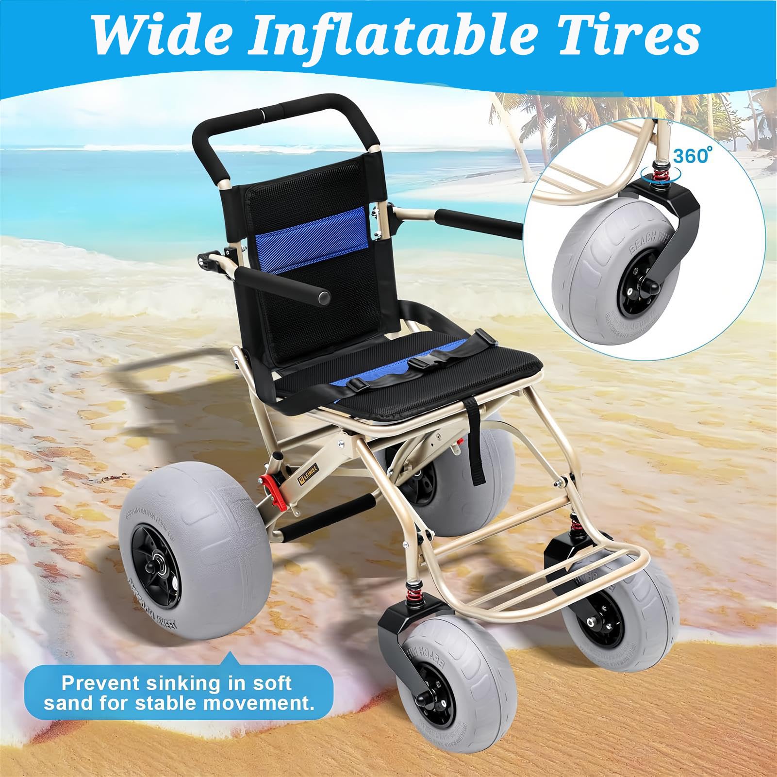 Faltbarer Strandwagen, GeläNdegäNgiger Strandrollstuhl, Transportstuhl Mit Klappbaren FußStüTzen, FüR Weichen Sand, Strand, Reise- Und Transportservice FüR Senioren