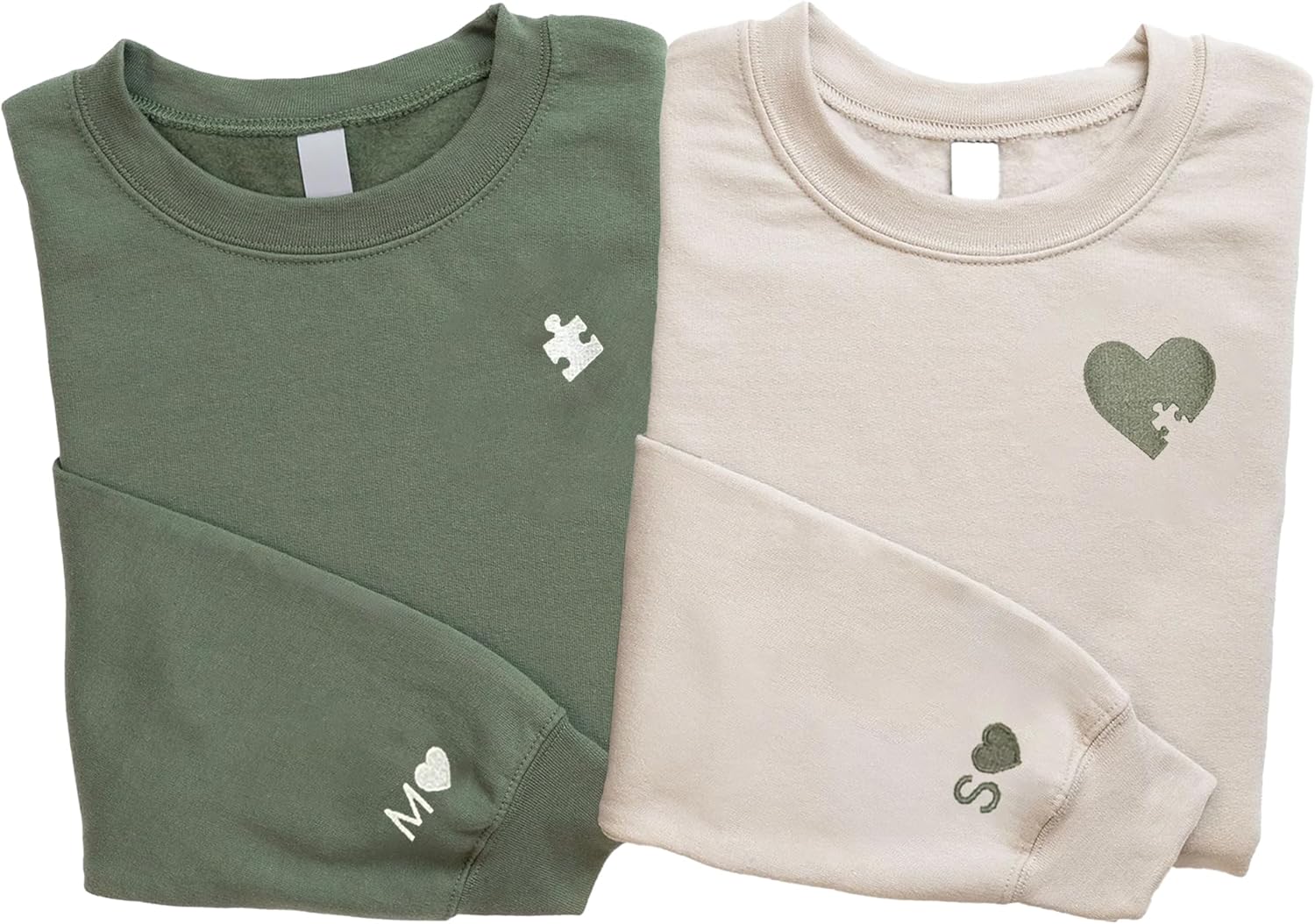 GODMERCH Custom Embroidered Initial Heart Sweatshirt, Personalized Sweatshirt Initial On Sleeve Matching Valentines Christmas Initial Embroidered Heart and Puzzle Piece Black