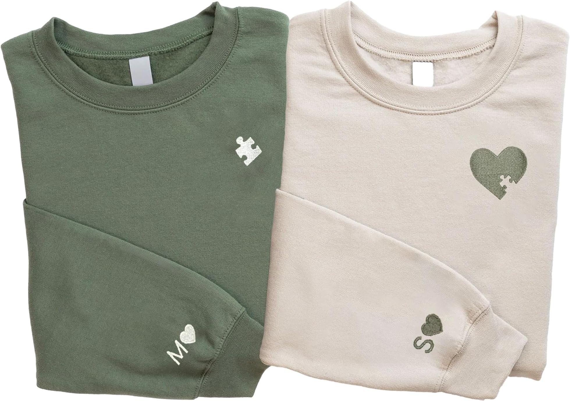 Custom Embroidered Initial Heart Sweatshirt, Personalized Sweatshirt Initial On Sleeve Matching Valentines Christmas Initial Embroidered Heart and Puzzle Piece Black