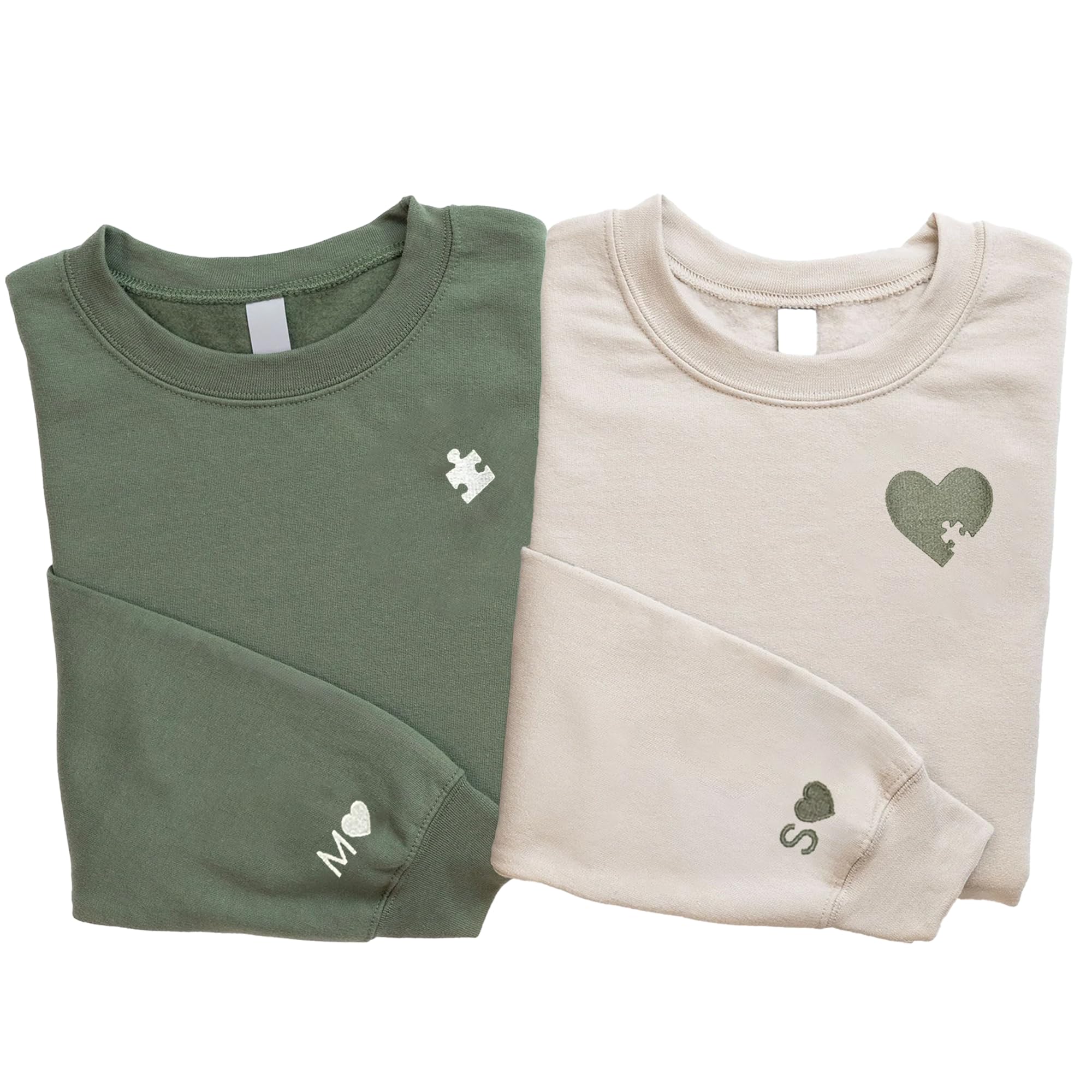 Custom Embroidered Initial Heart Sweatshirt, Personalized Sweatshirt Initial On Sleeve Matching Valentines Christmas Initial Embroidered Heart and Puzzle Piece Black