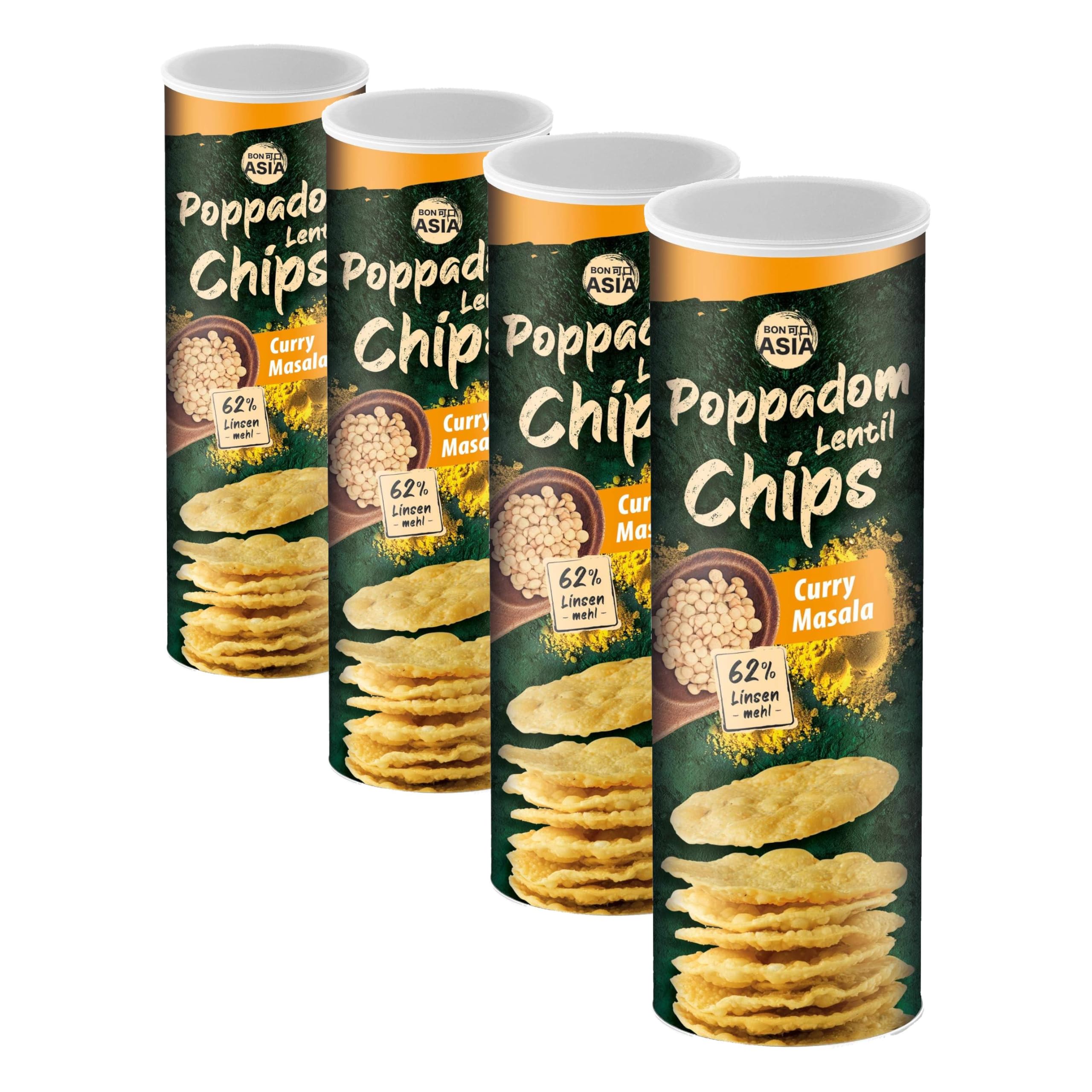 Bonasia Chips Papadum Curry Masala, élaborés à base de farine de lentilles 70 g (Lot de 4)