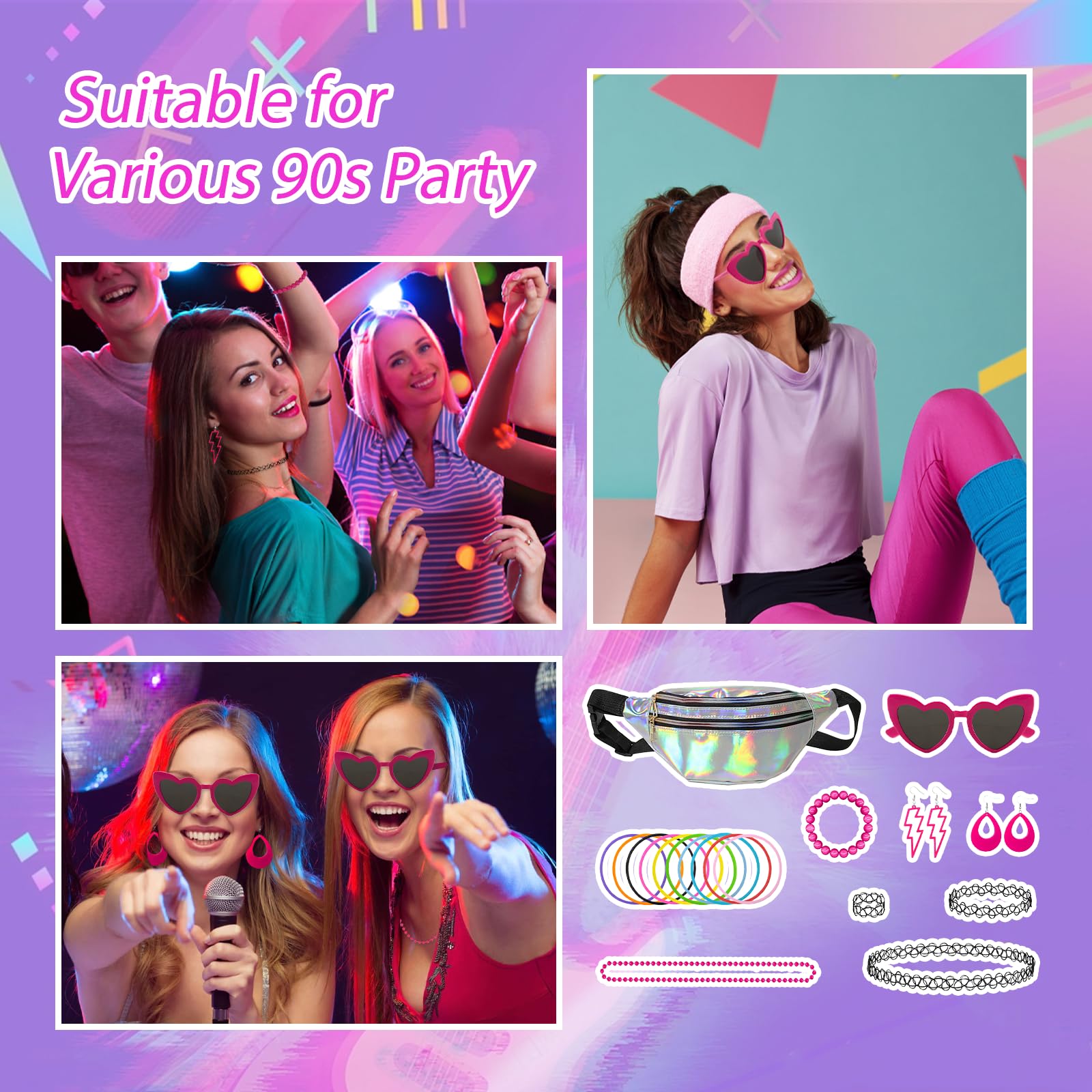 Xerteam 21 Pcs 90er Jahre Outfit Damen, 90er Jahre Accessoires 90er Retro Outfit mit Bauchtasche Damen Herzbrille Tattoo Kette Armband 80s 90s Ohrringe für Malle Accessoires Festival Party Outfit